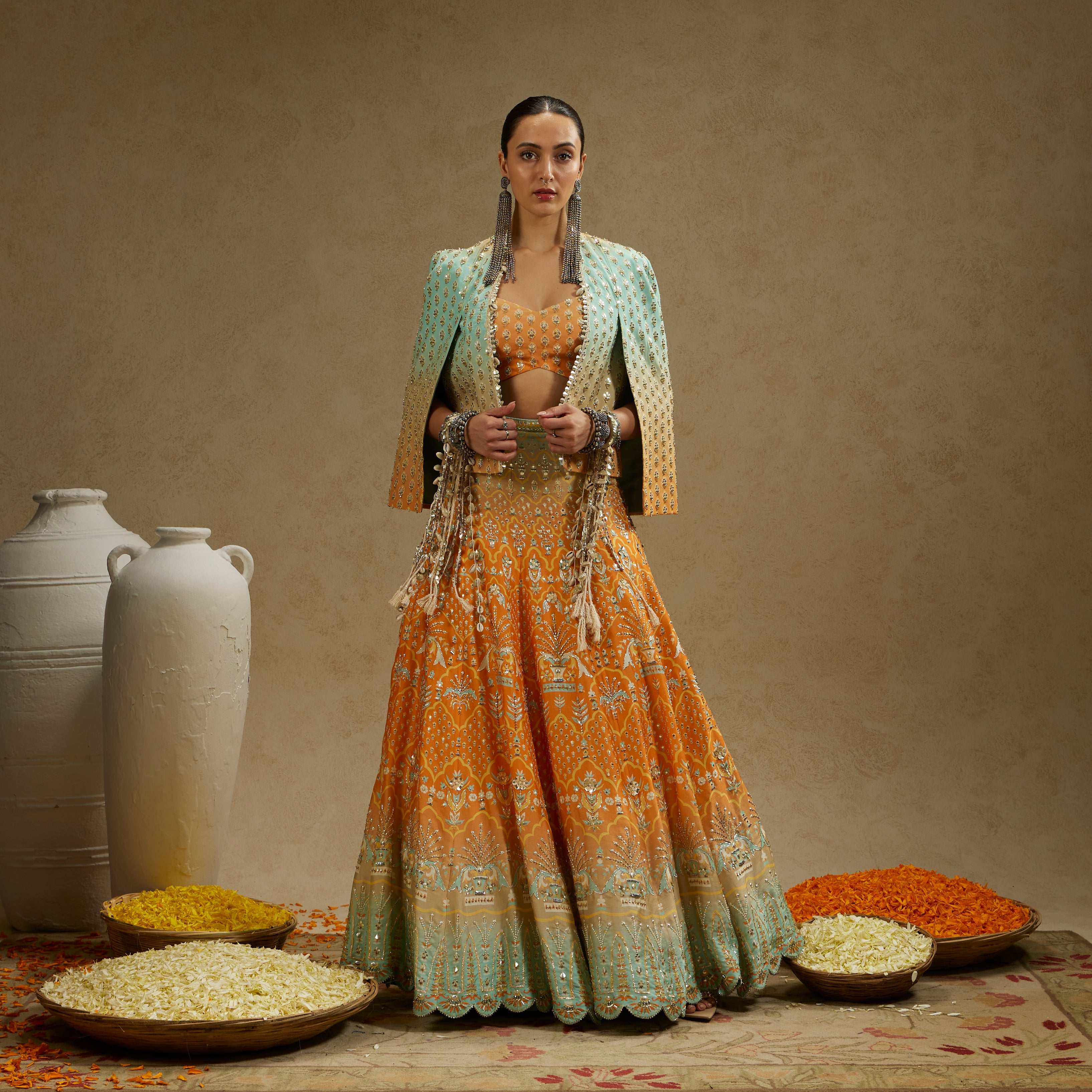 Orange Blue Embellished Cape Jacket with Bustier and Ombre Lehenga