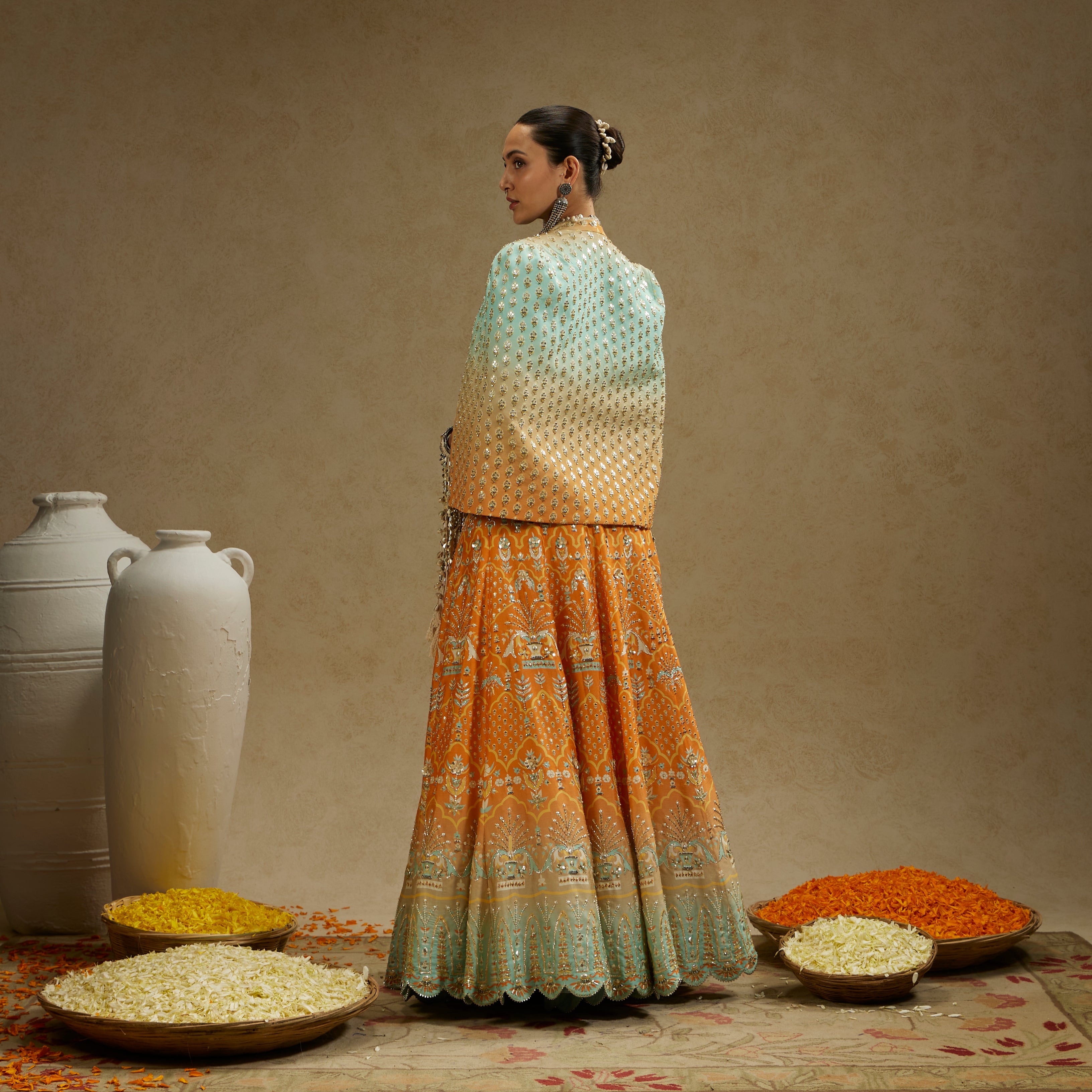 Orange Blue Embellished Cape Jacket with Bustier and Ombre Lehenga