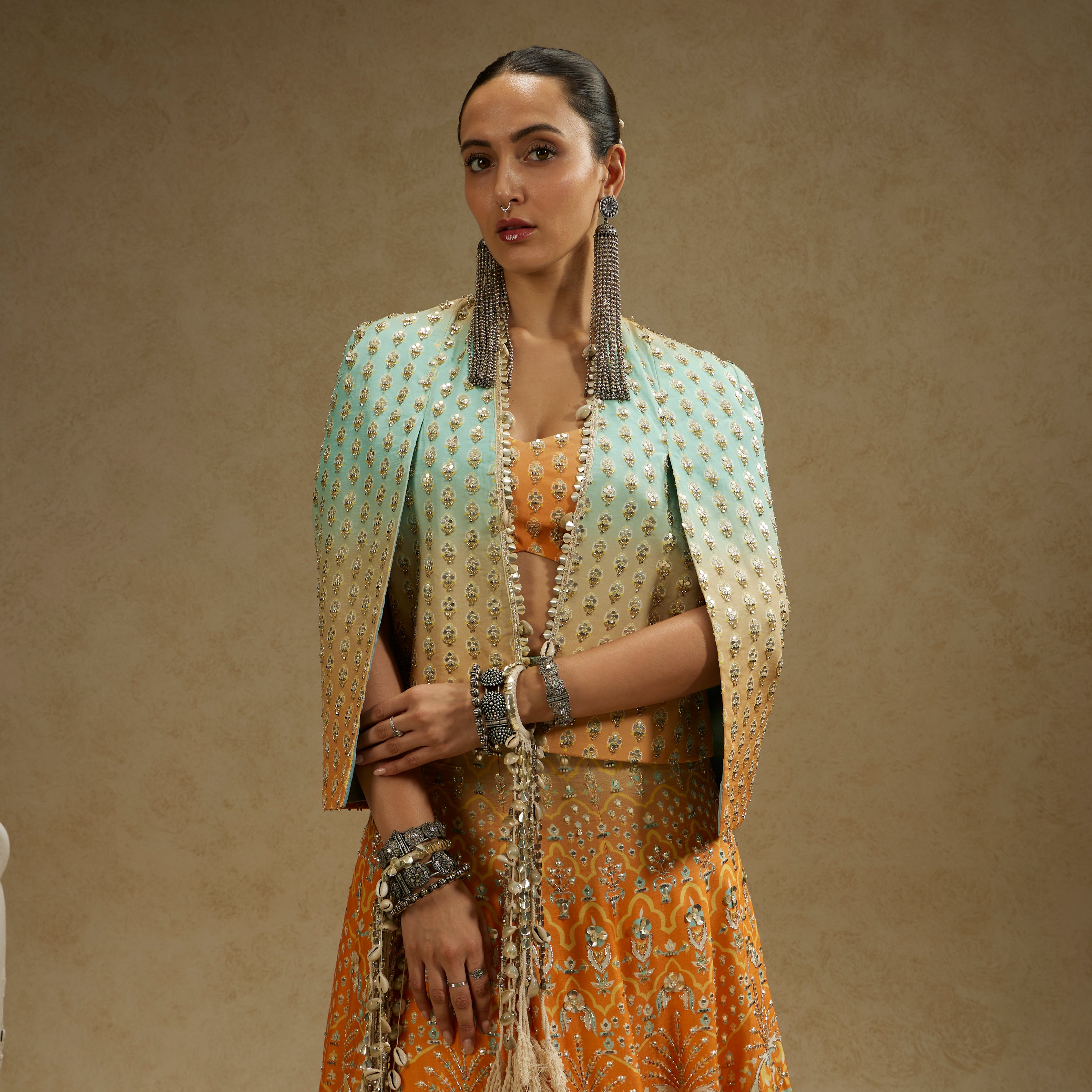 Orange Blue Embellished Cape Jacket with Bustier and Ombre Lehenga