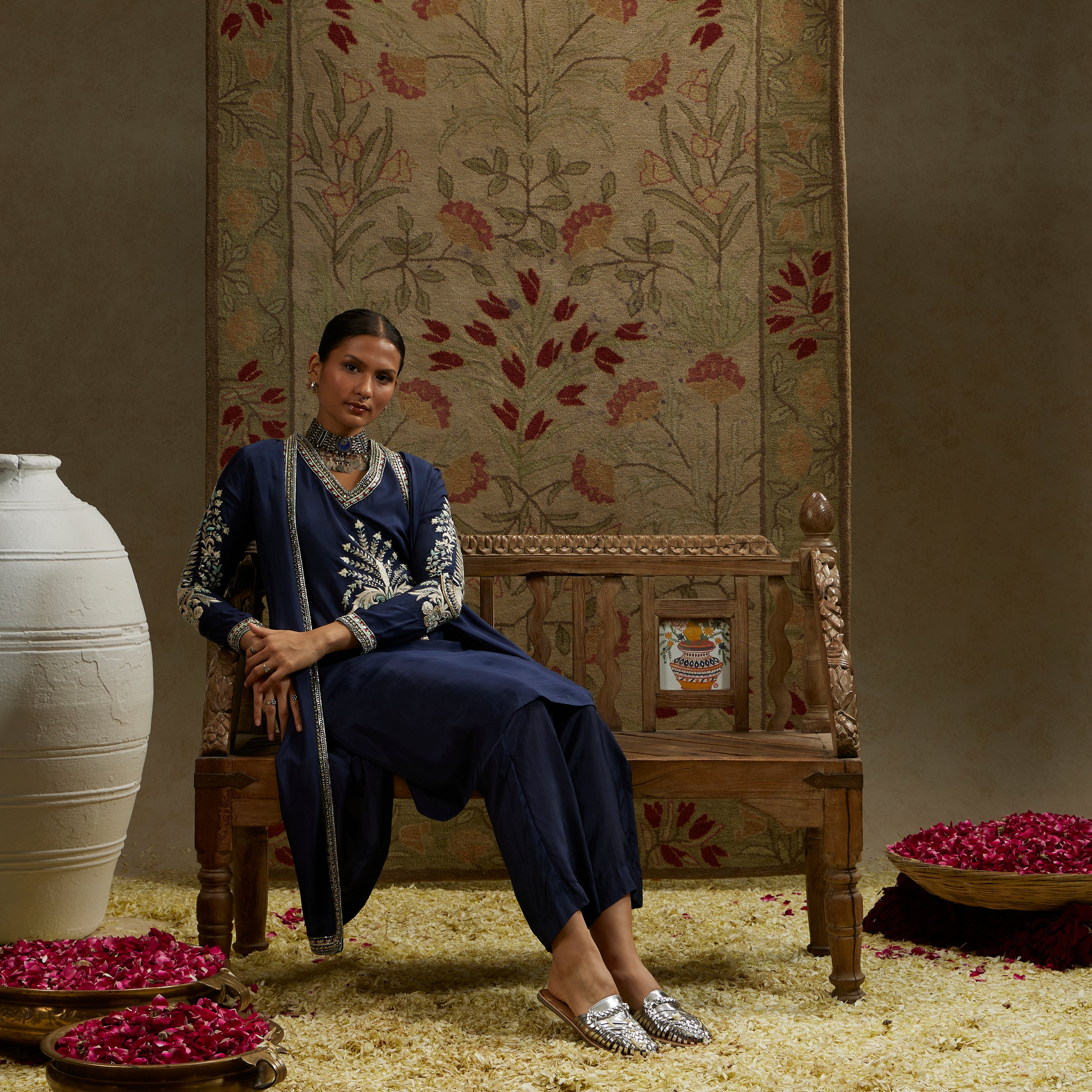 Blue V-Neck Front Butta Kurta with Jacket and Pants