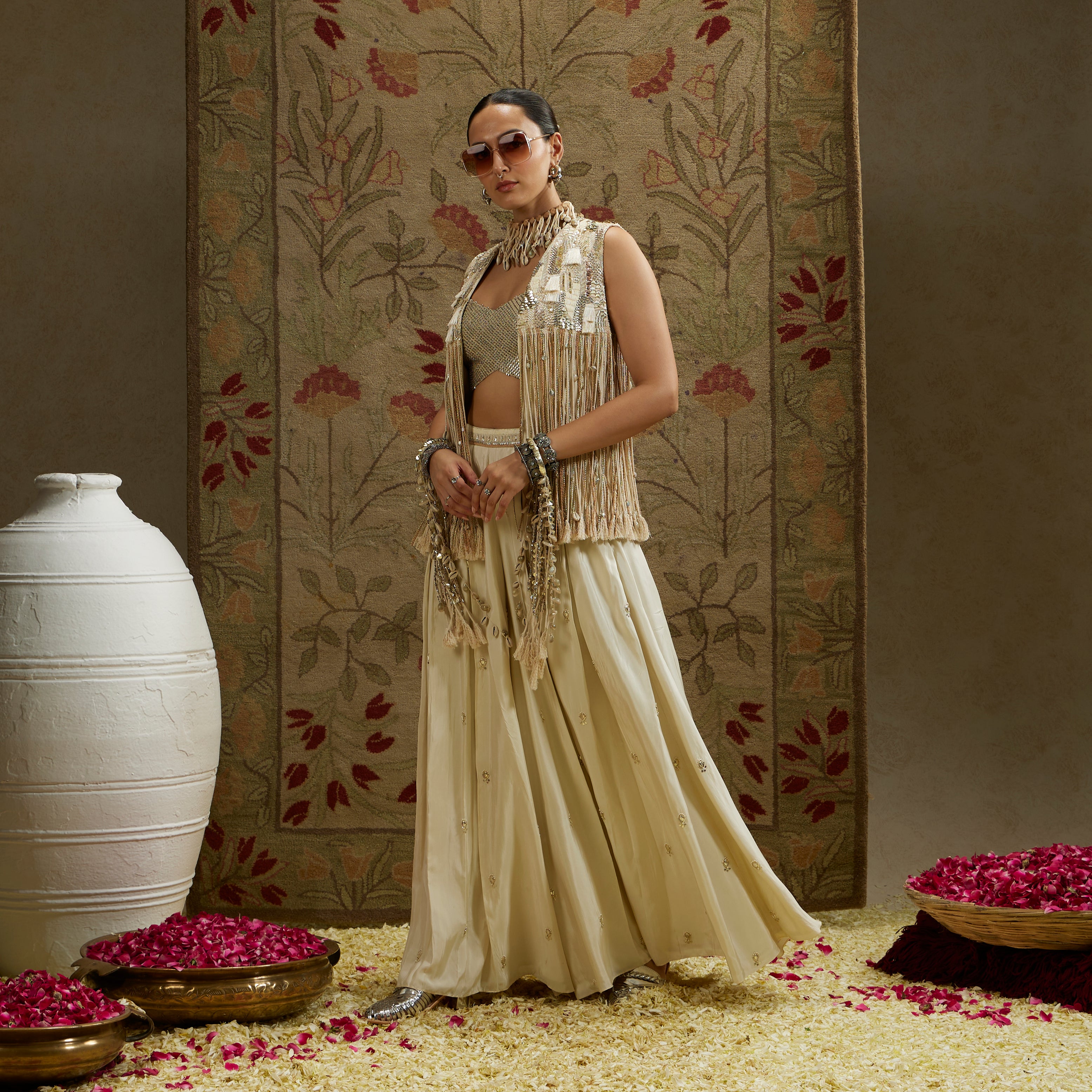 Magnolia Cream Threadwork Fringe Jacket with Metallic Bustier and Flared Pants