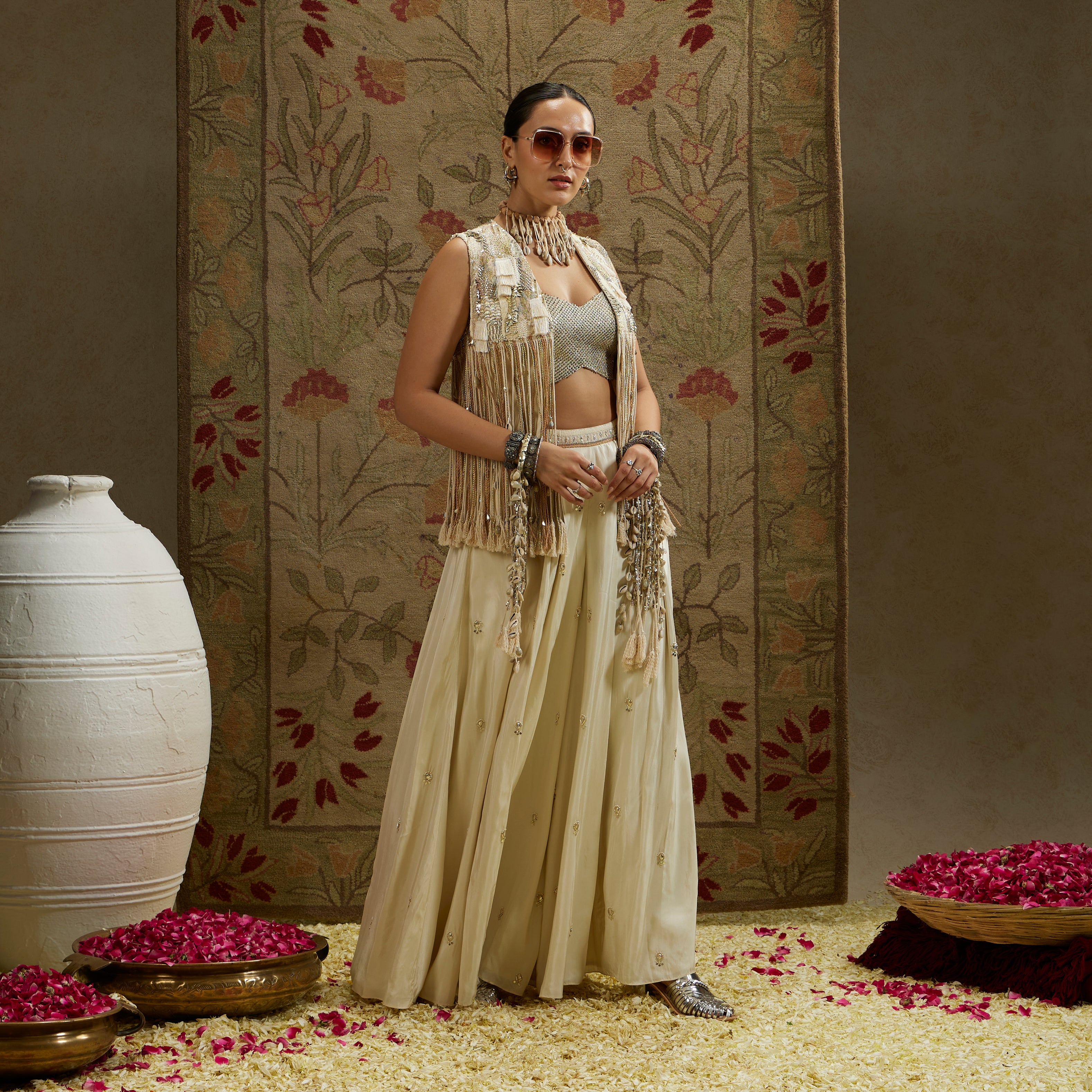 Magnolia Cream Threadwork Fringe Jacket with Metallic Bustier and Flared Pants