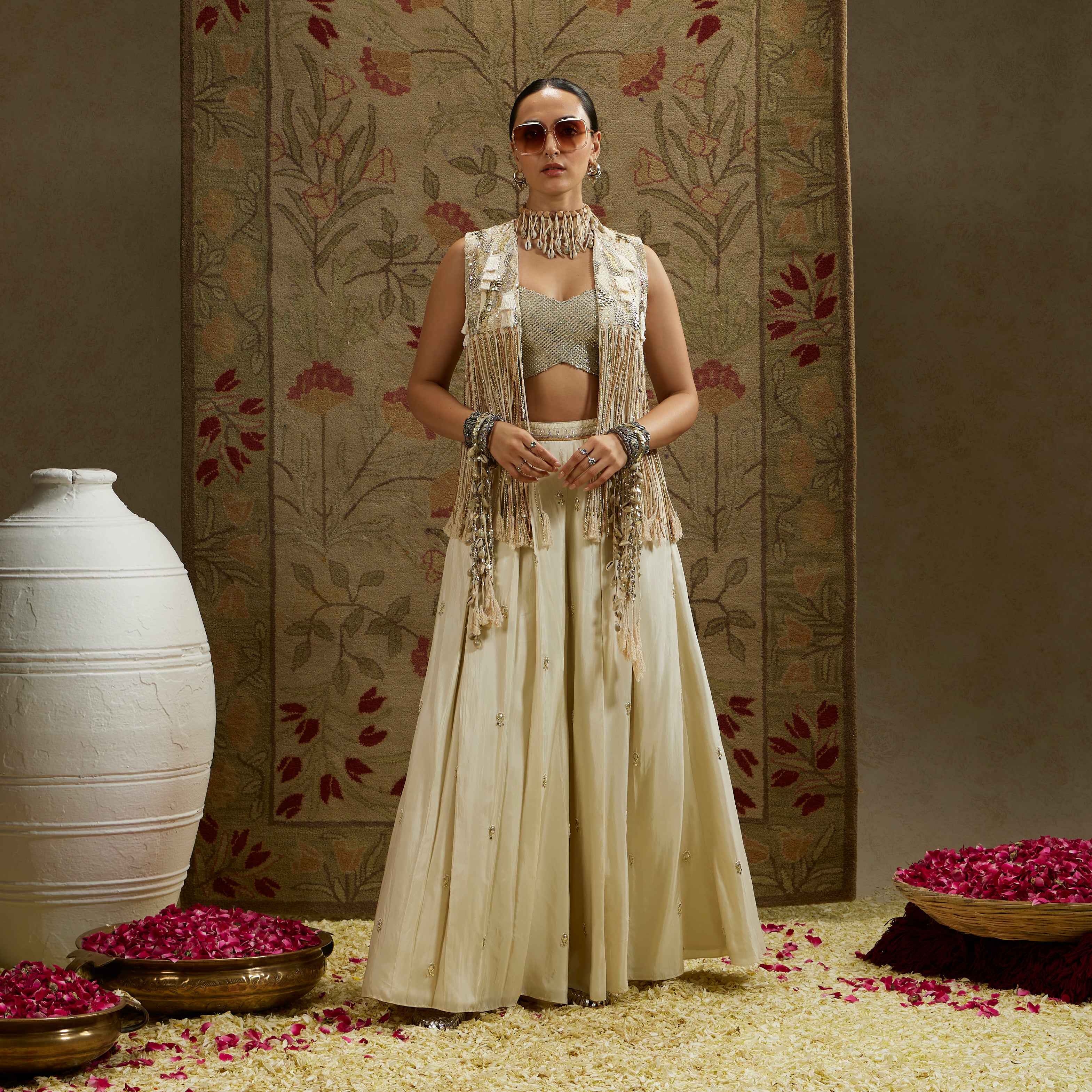 Magnolia Cream Threadwork Fringe Jacket with Metallic Bustier and Flared Pants