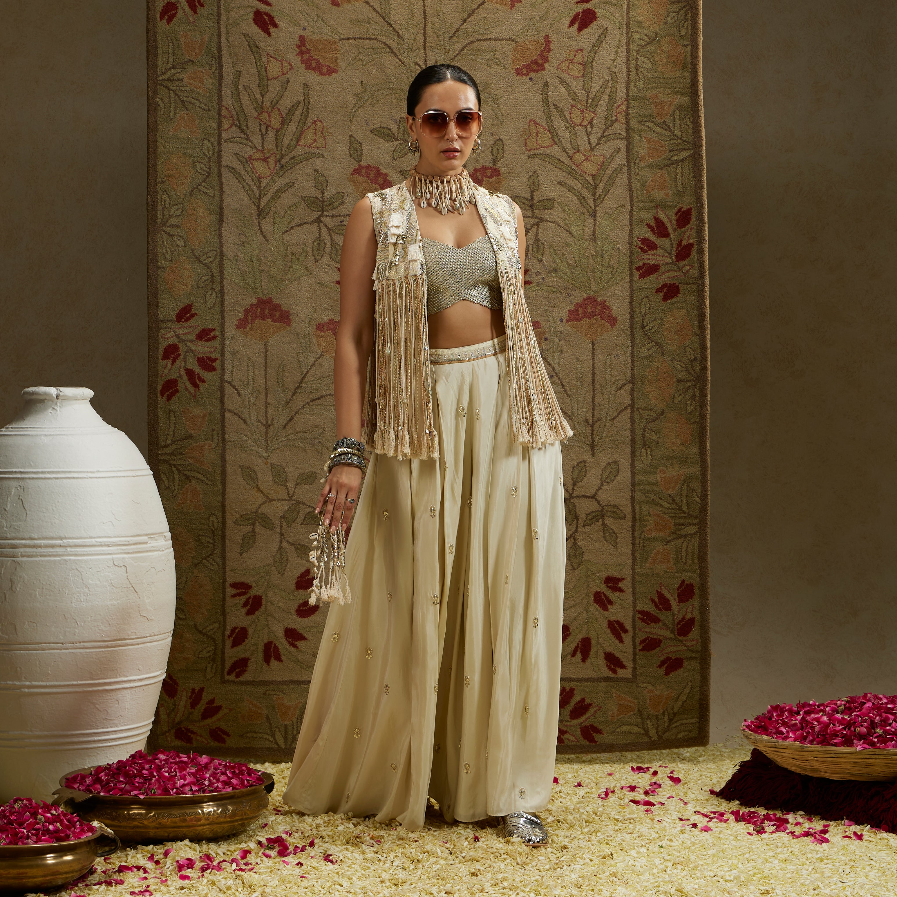 Magnolia Cream Threadwork Fringe Jacket with Metallic Bustier and Flared Pants