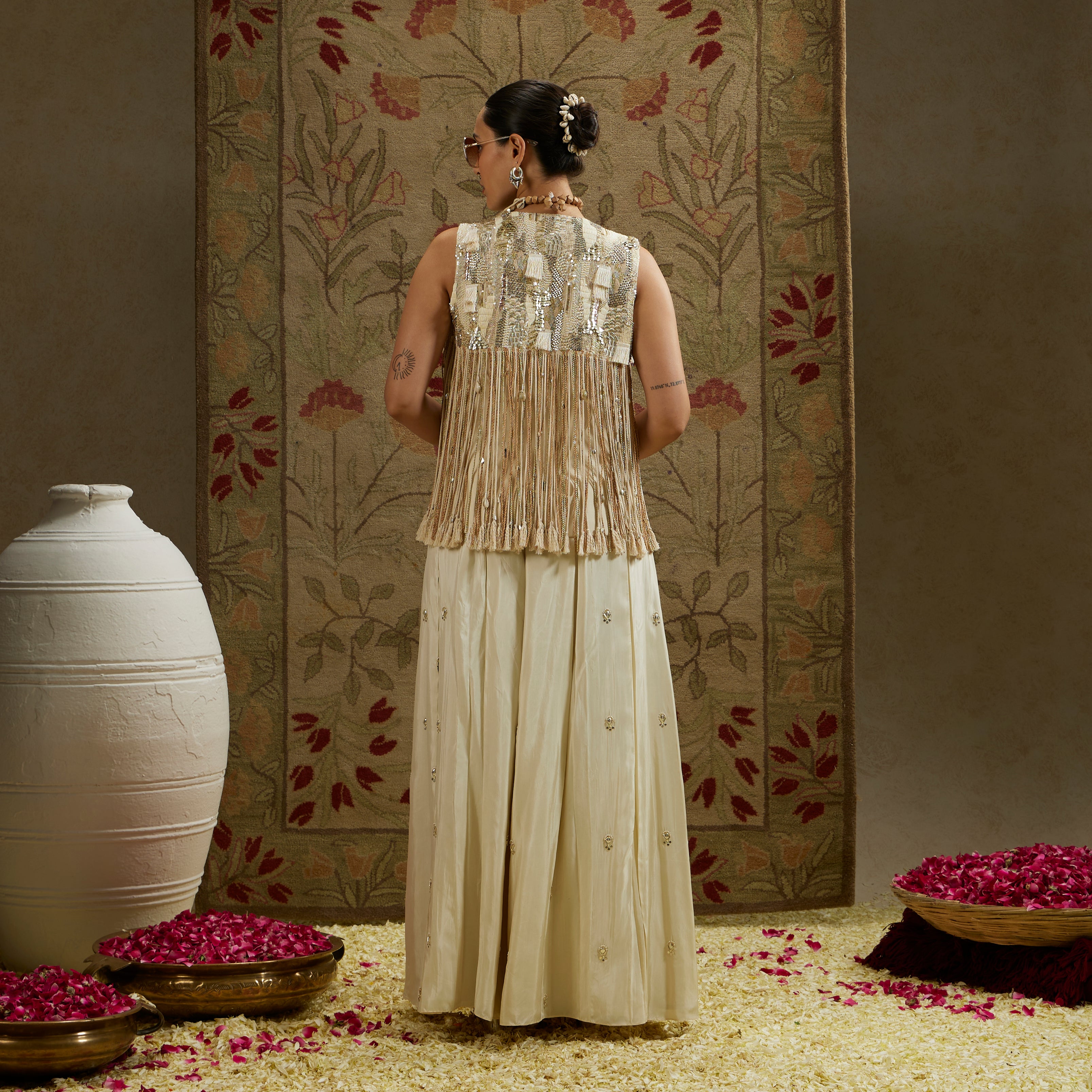 Magnolia Cream Threadwork Fringe Jacket with Metallic Bustier and Flared Pants