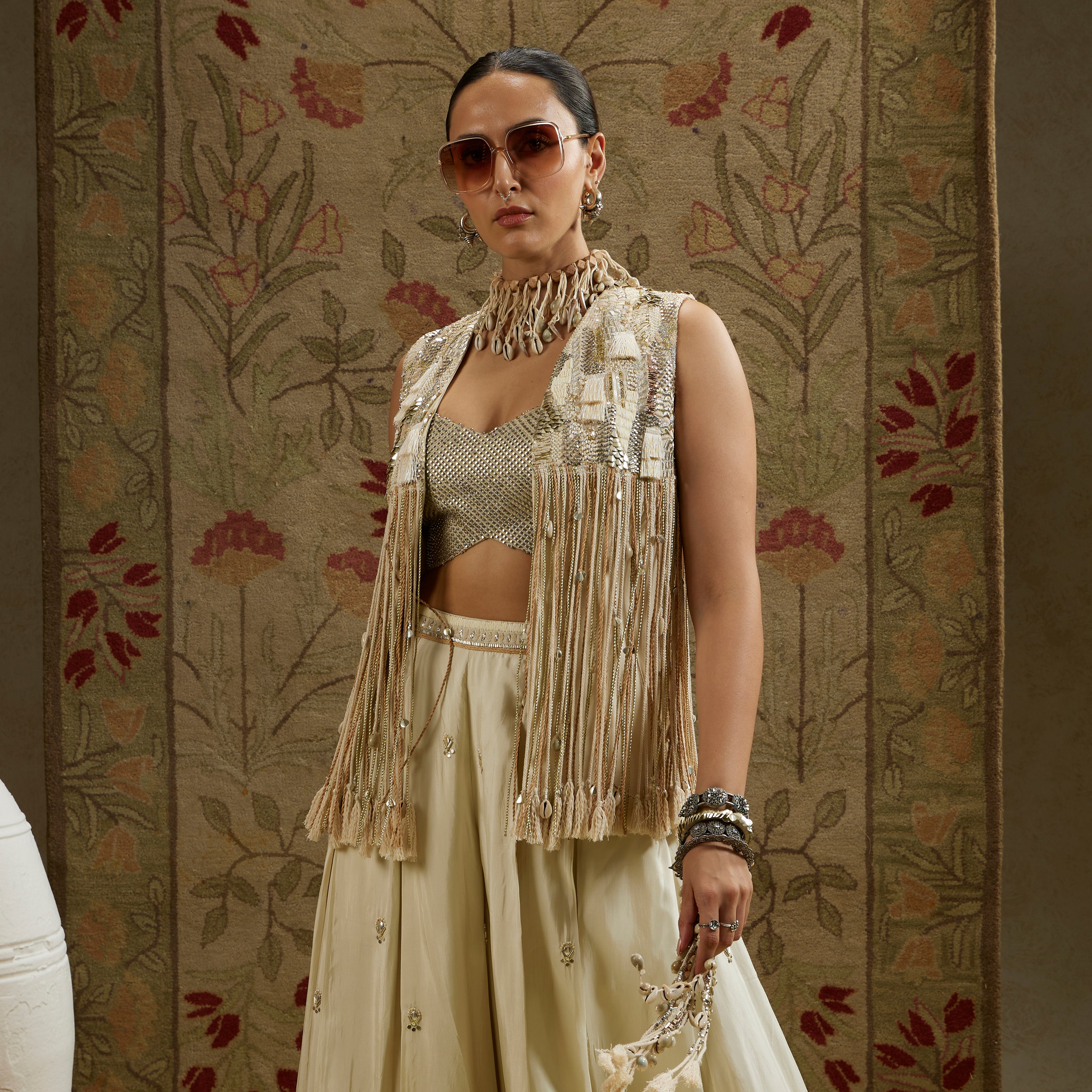 Magnolia Cream Threadwork Fringe Jacket with Metallic Bustier and Flared Pants