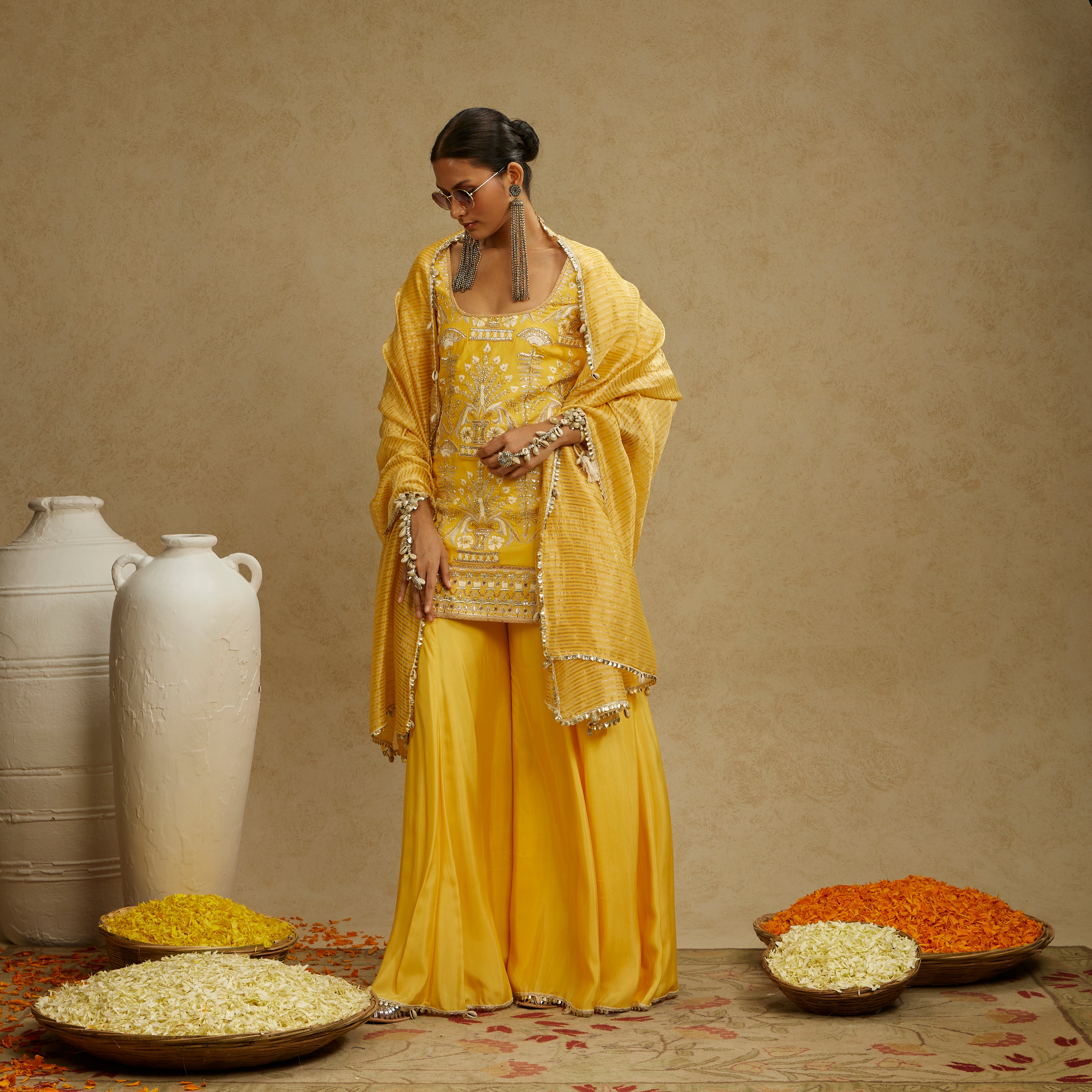 Dandelion Yellow Embellished Butta Kurta with Pants and Stripe Dupatta