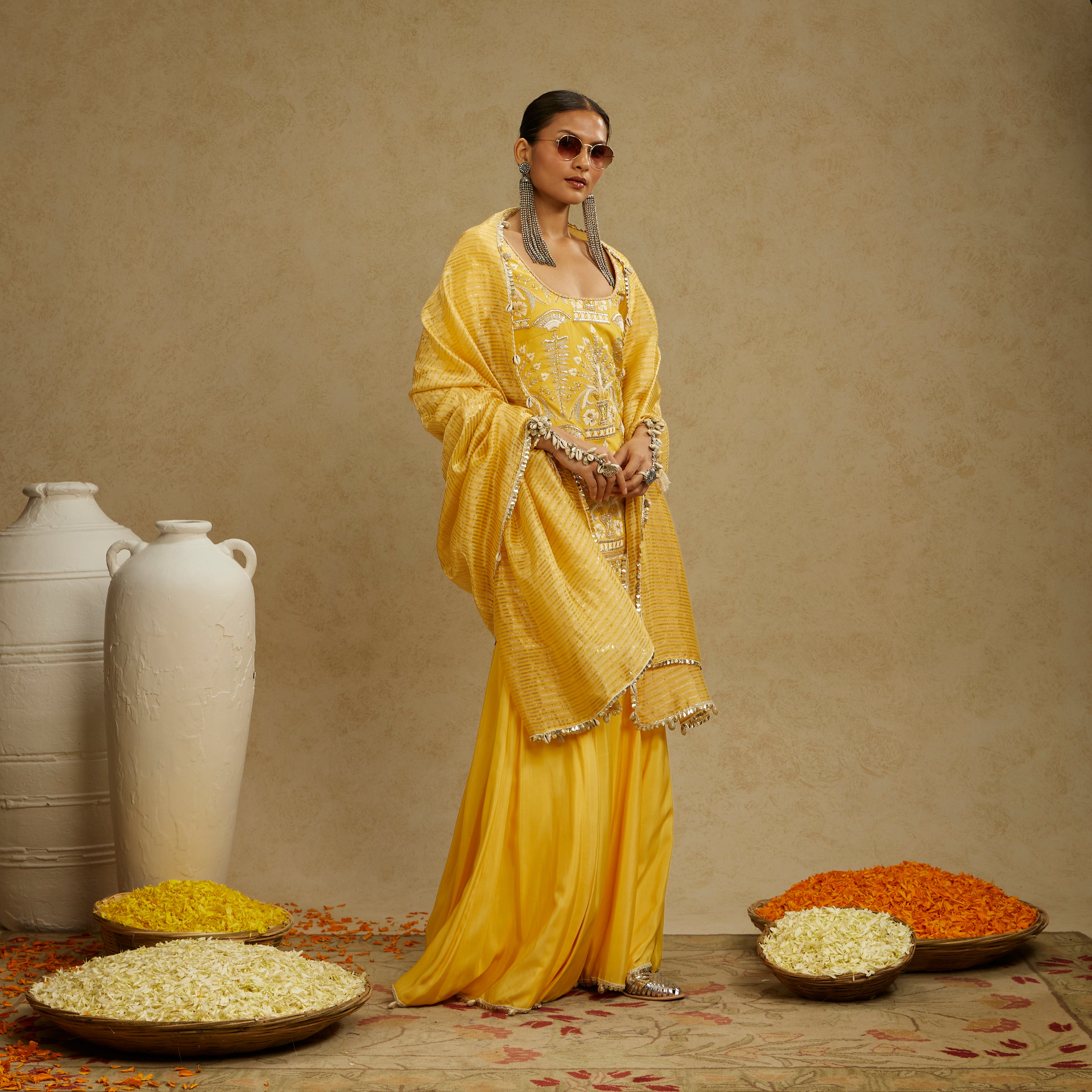 Dandelion Yellow Embellished Butta Kurta with Pants and Stripe Dupatta