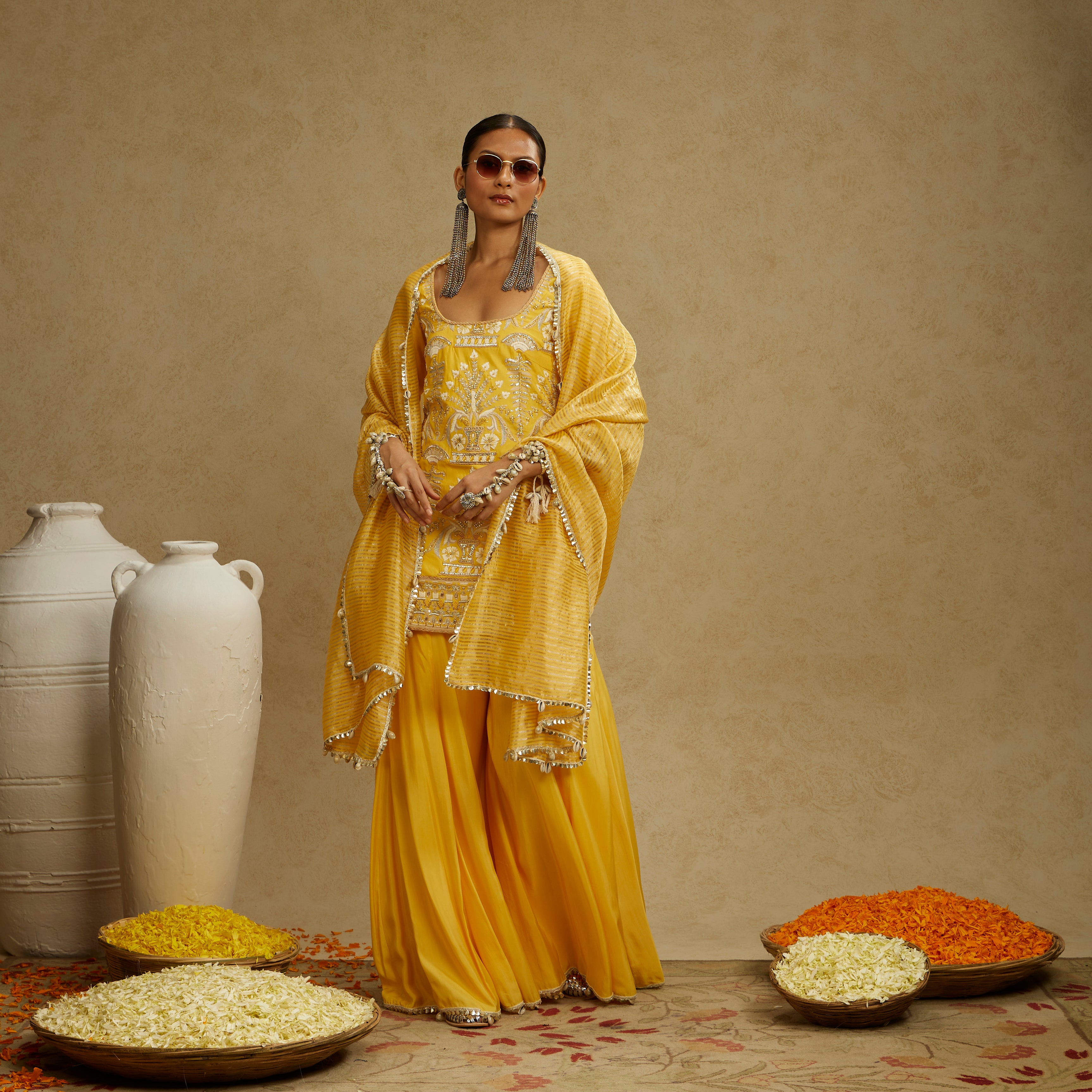Dandelion Yellow Embellished Butta Kurta with Pants and Stripe Dupatta