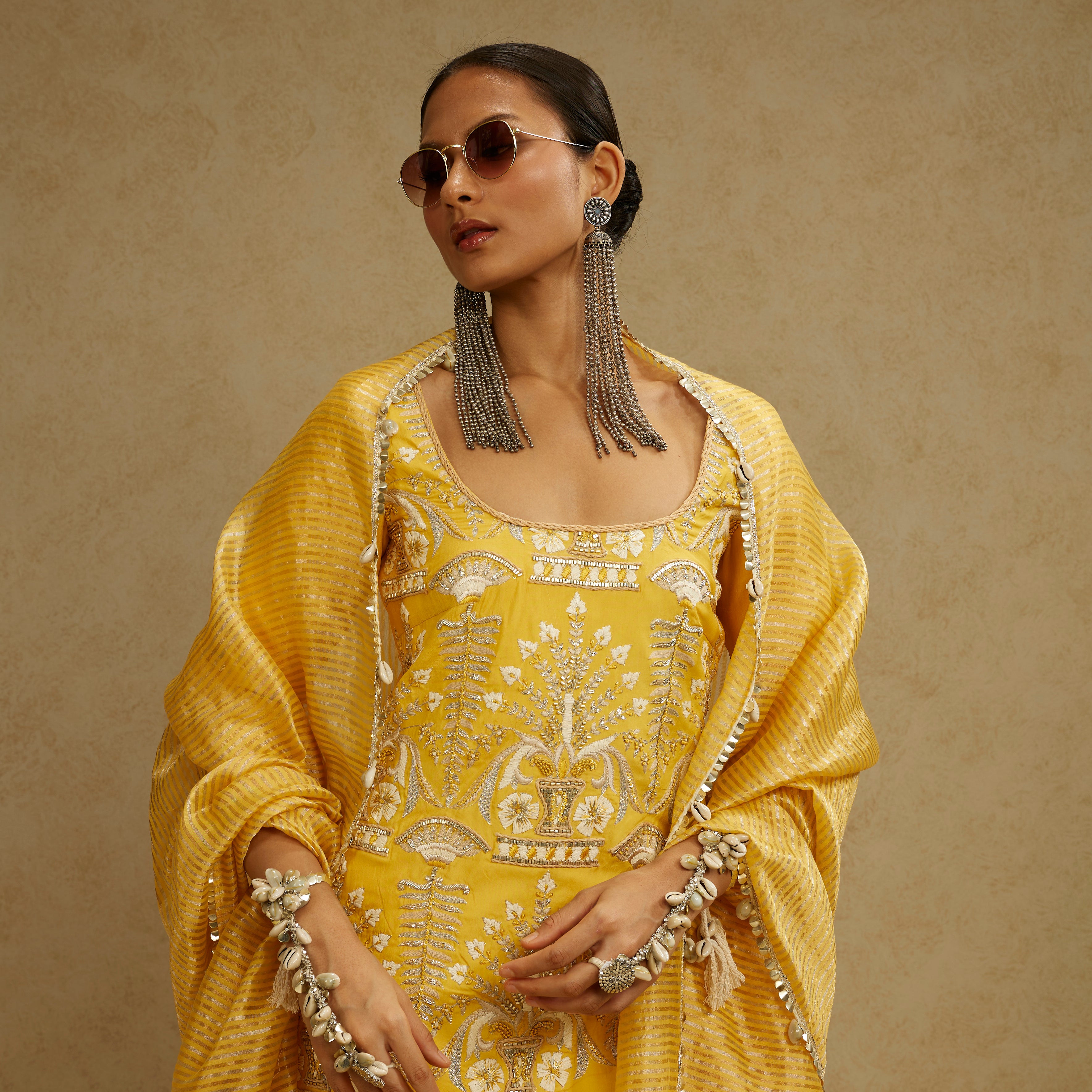 Dandelion Yellow Embellished Butta Kurta with Pants and Stripe Dupatta