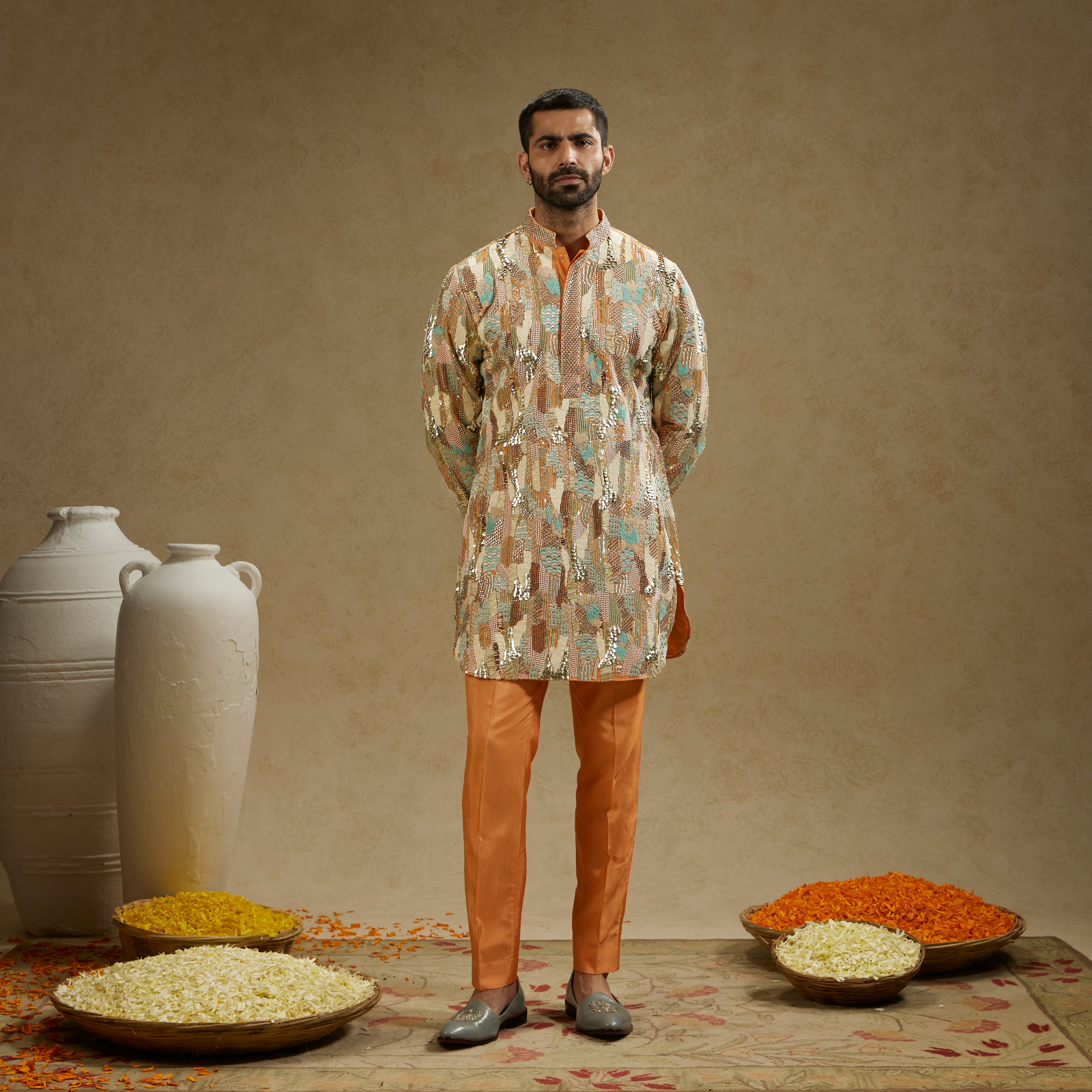 Orange Embellished Kurta Set