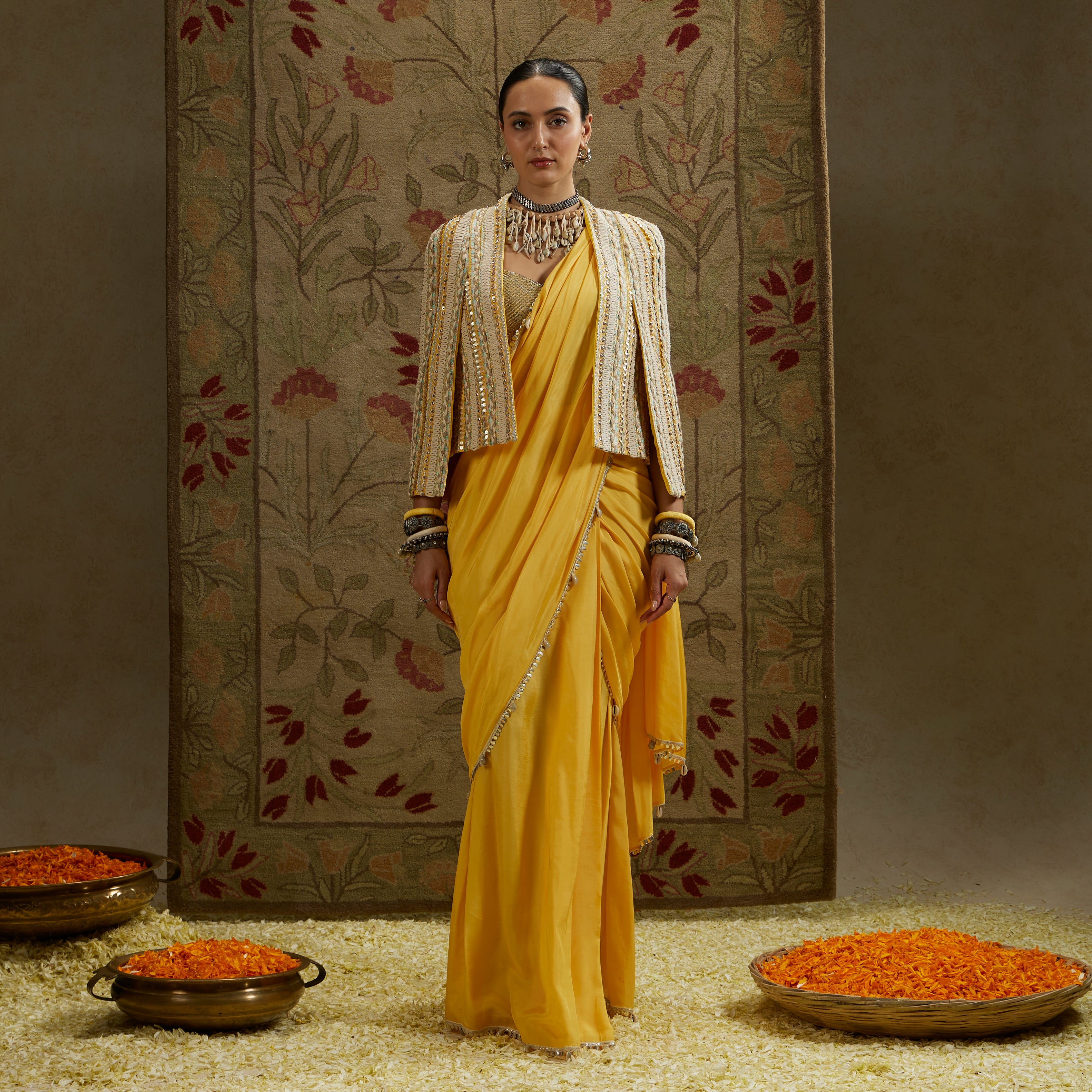 Dandelion Yellow Cascade Saree with Bustier and Embellished Cape Jacket