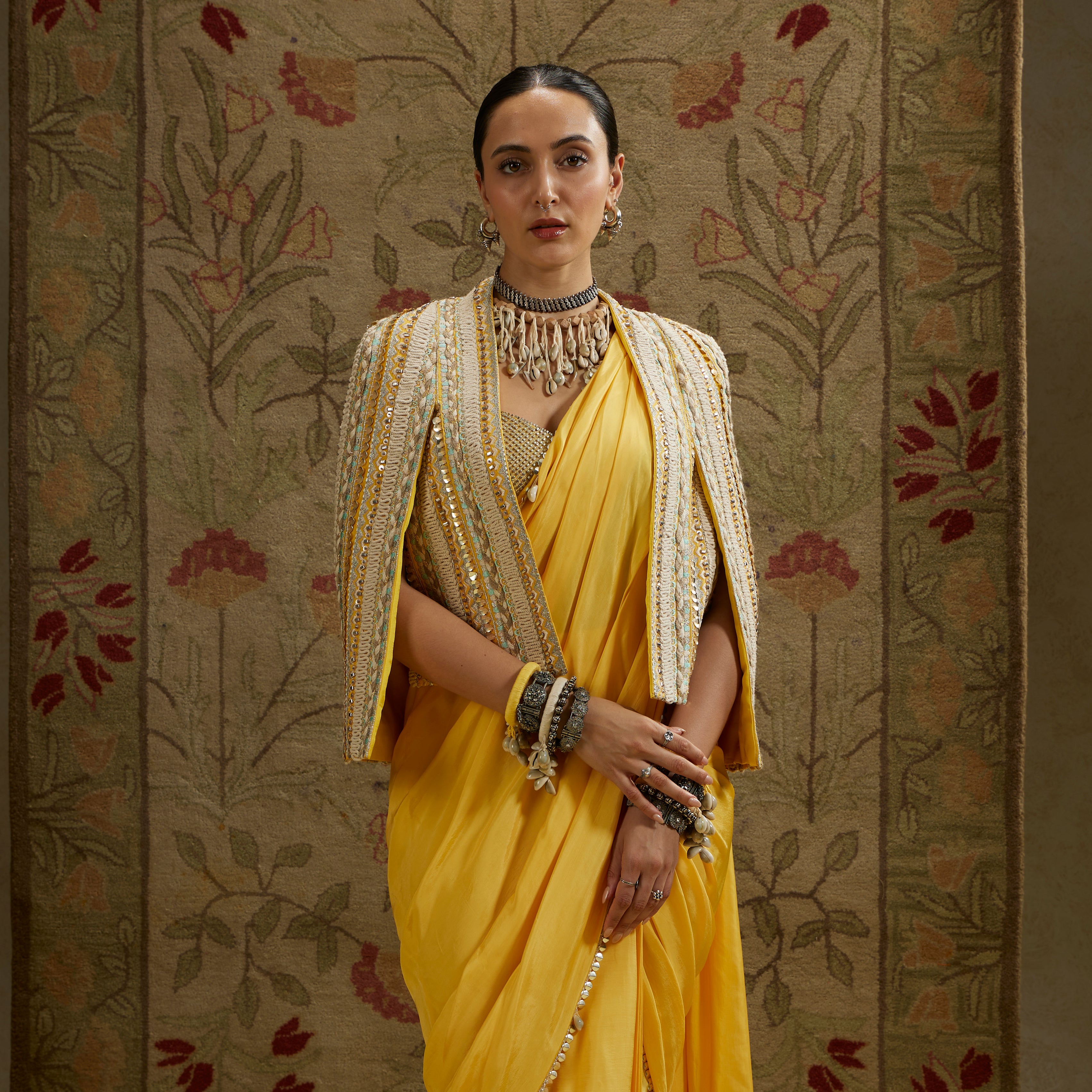 Dandelion Yellow Cascade Saree with Bustier and Embellished Cape Jacket