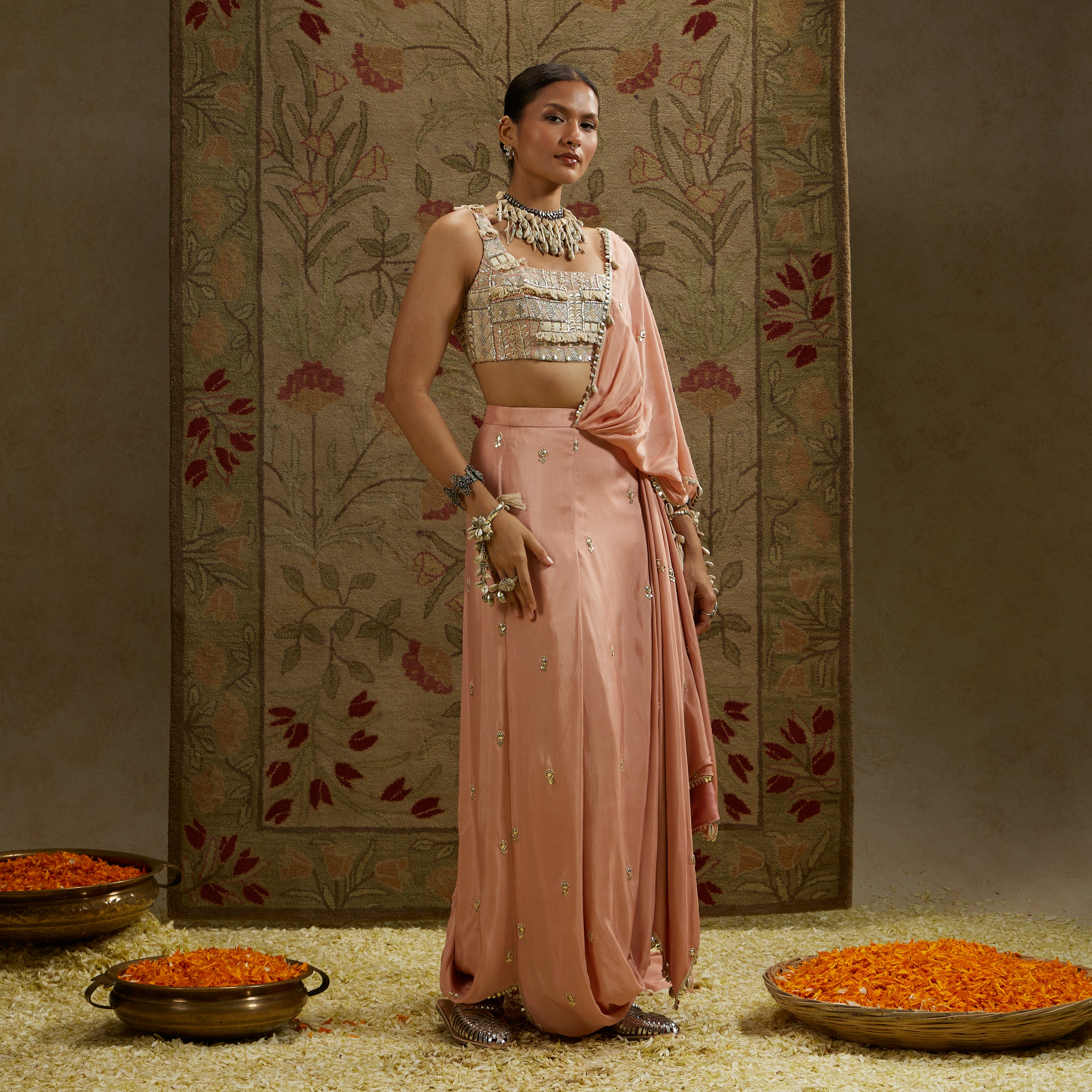 Bustier with Pink Embellished Saree Draped Skirt