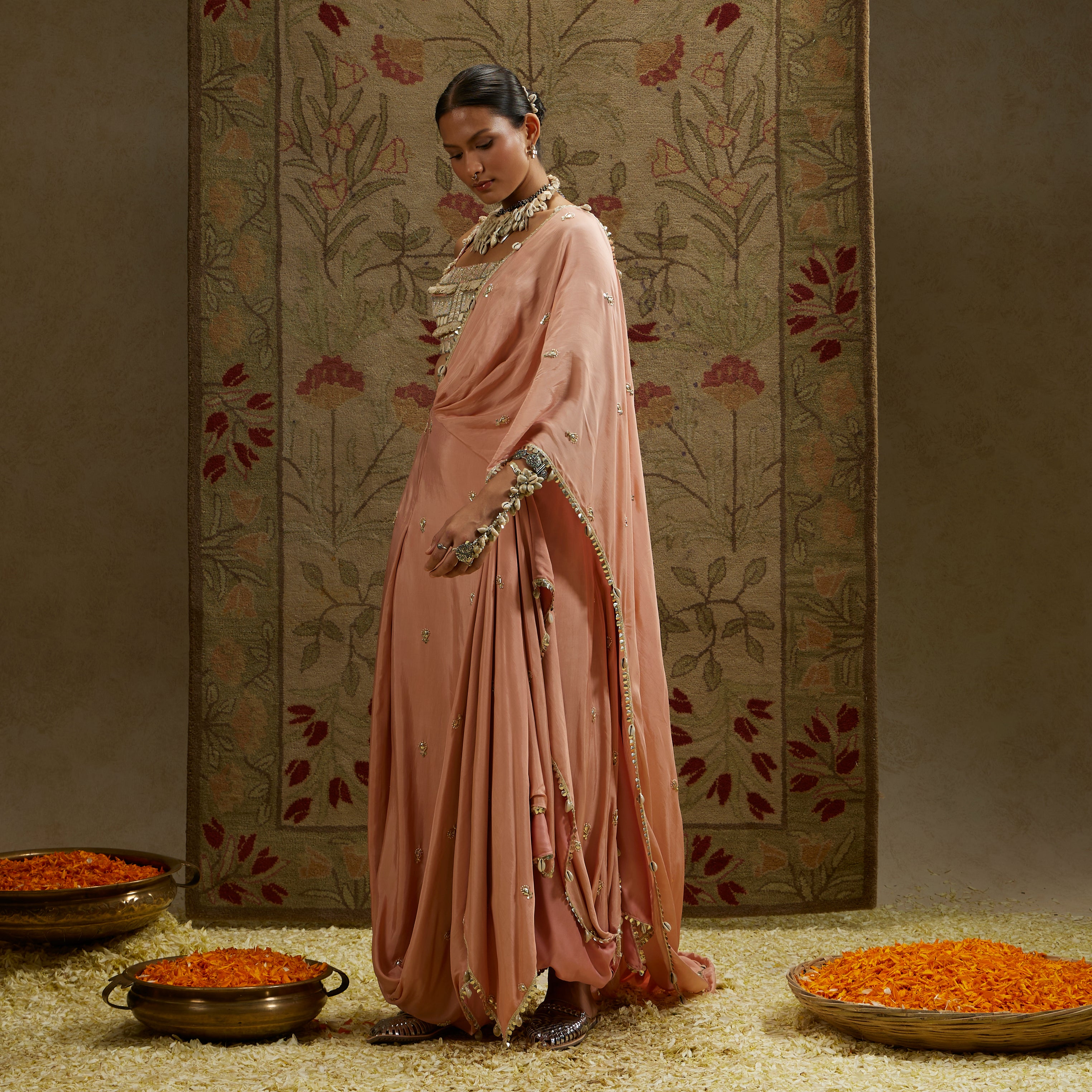 Bustier with Pink Embellished Saree Draped Skirt
