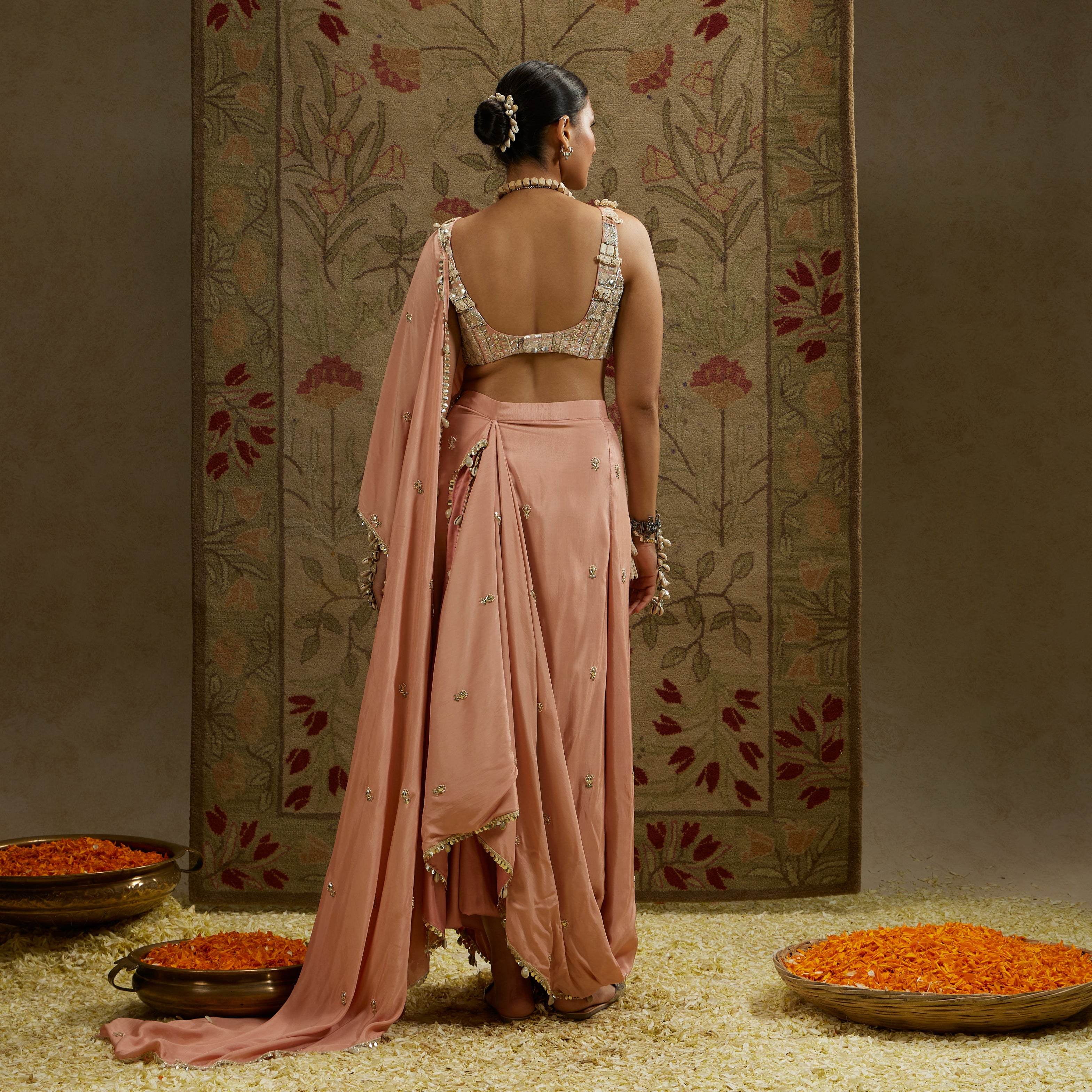 Bustier with Pink Embellished Saree Draped Skirt