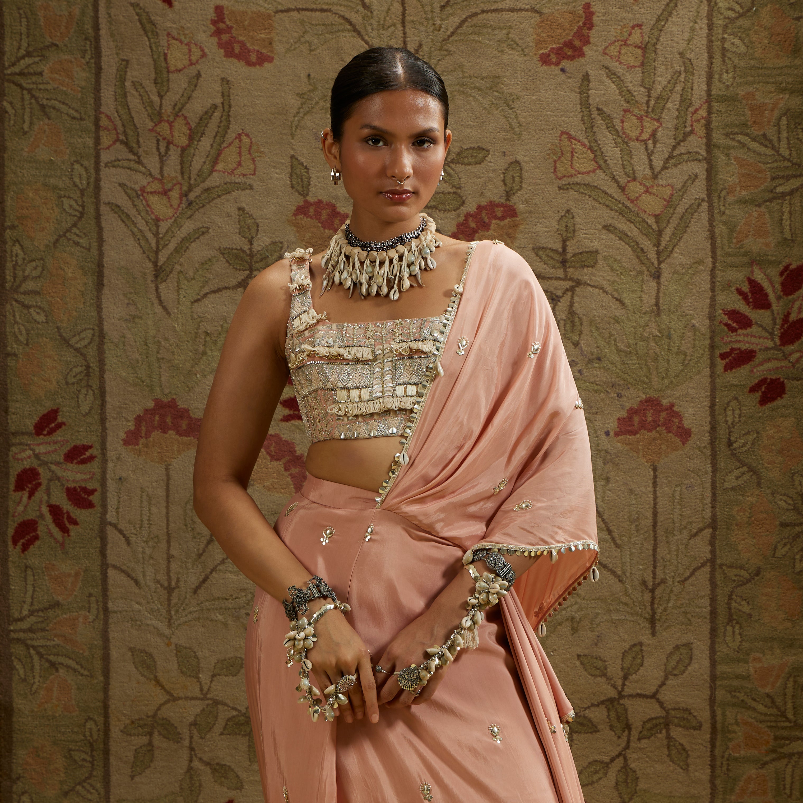 Bustier with Pink Embellished Saree Draped Skirt