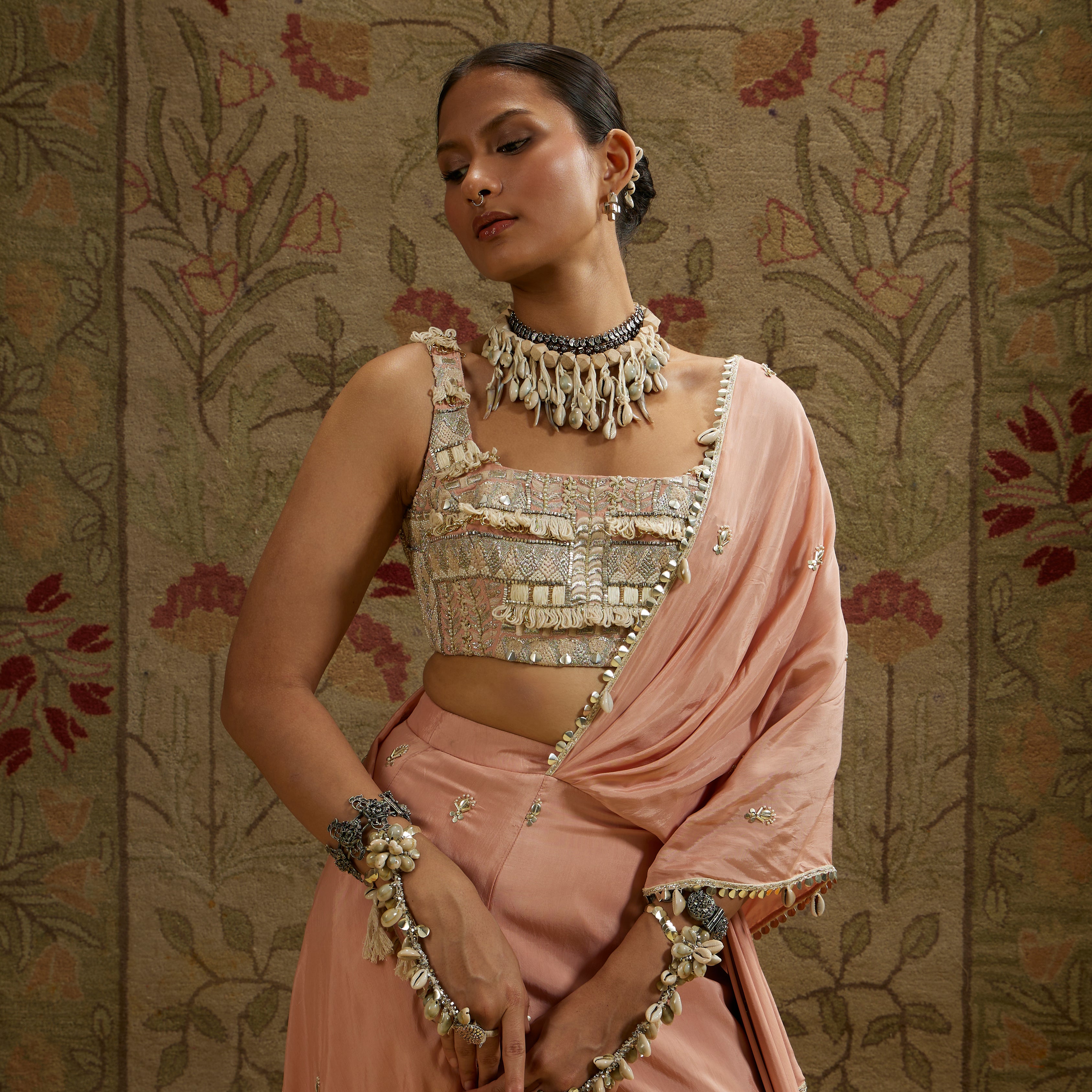 Bustier with Pink Embellished Saree Draped Skirt