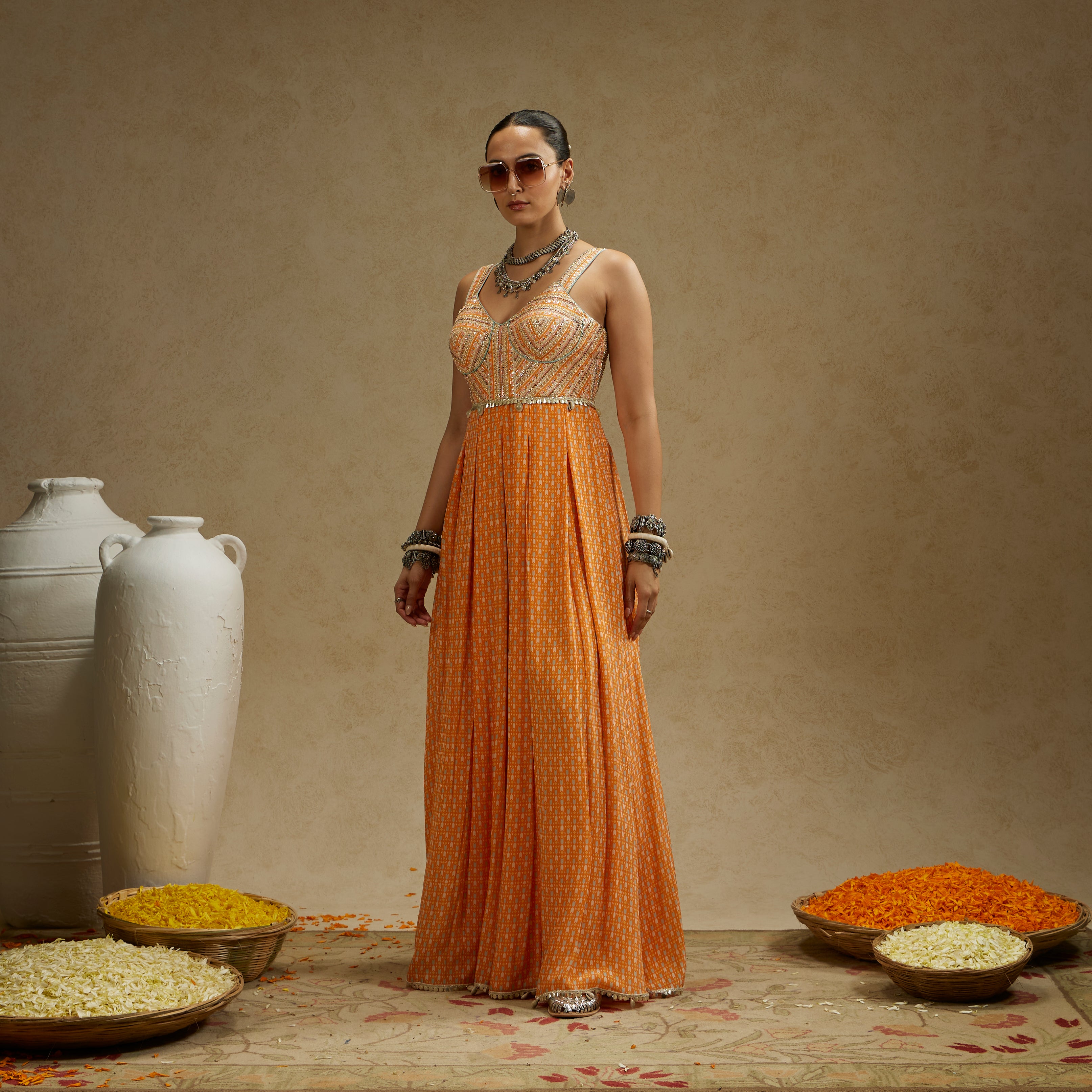 Orange Geo Yoke Embellished Jumpsuit