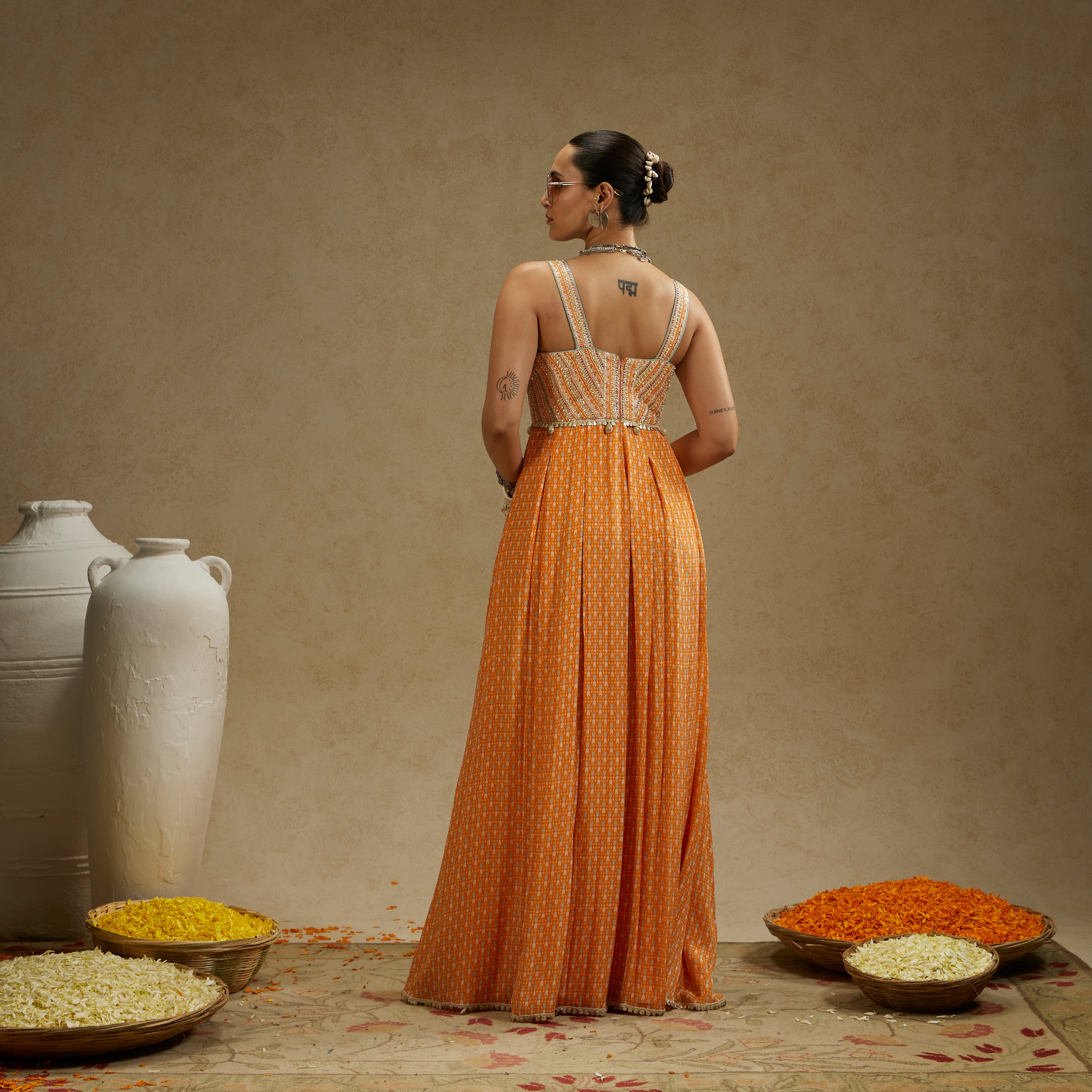 Orange Geo Yoke Embellished Jumpsuit