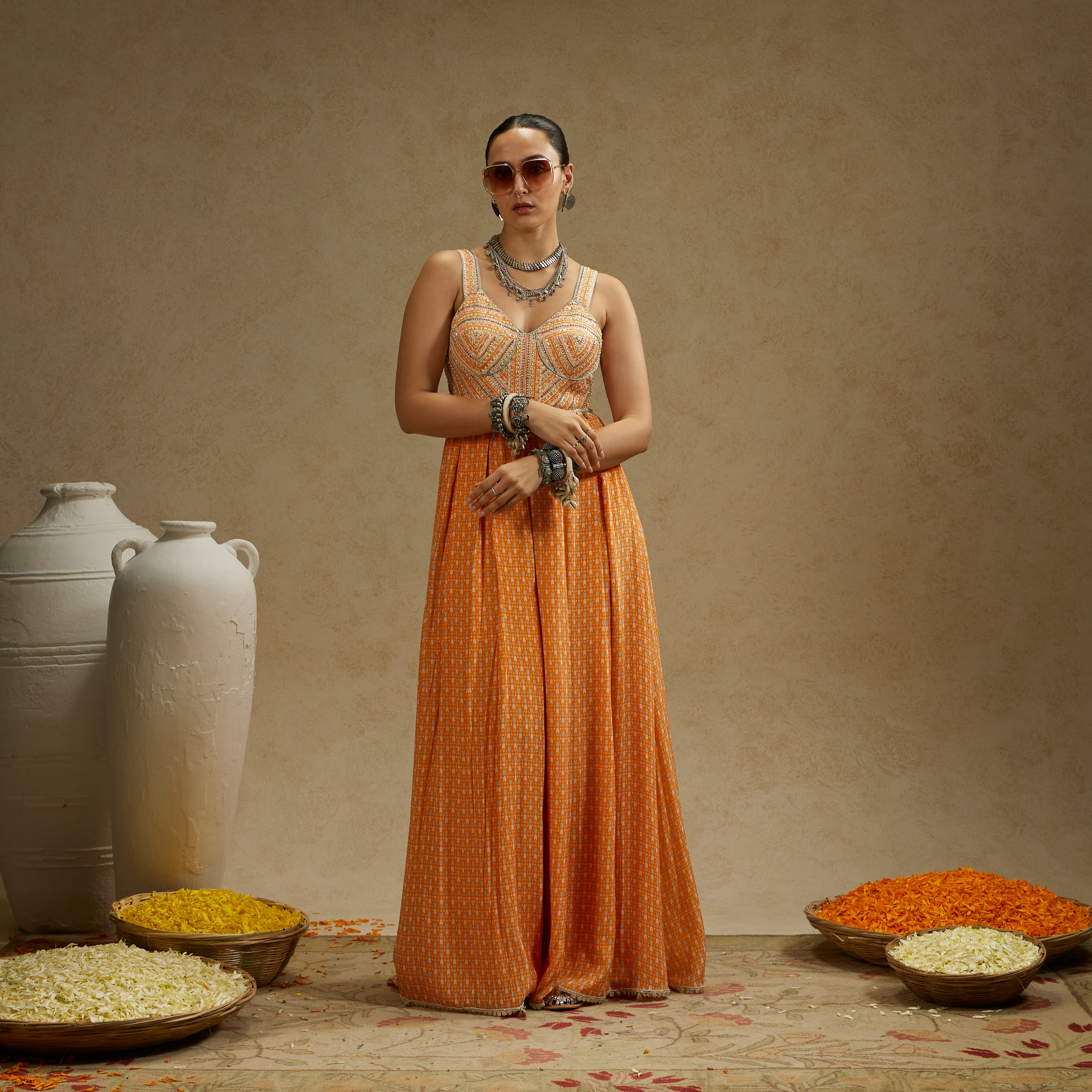 Orange Geo Yoke Embellished Jumpsuit