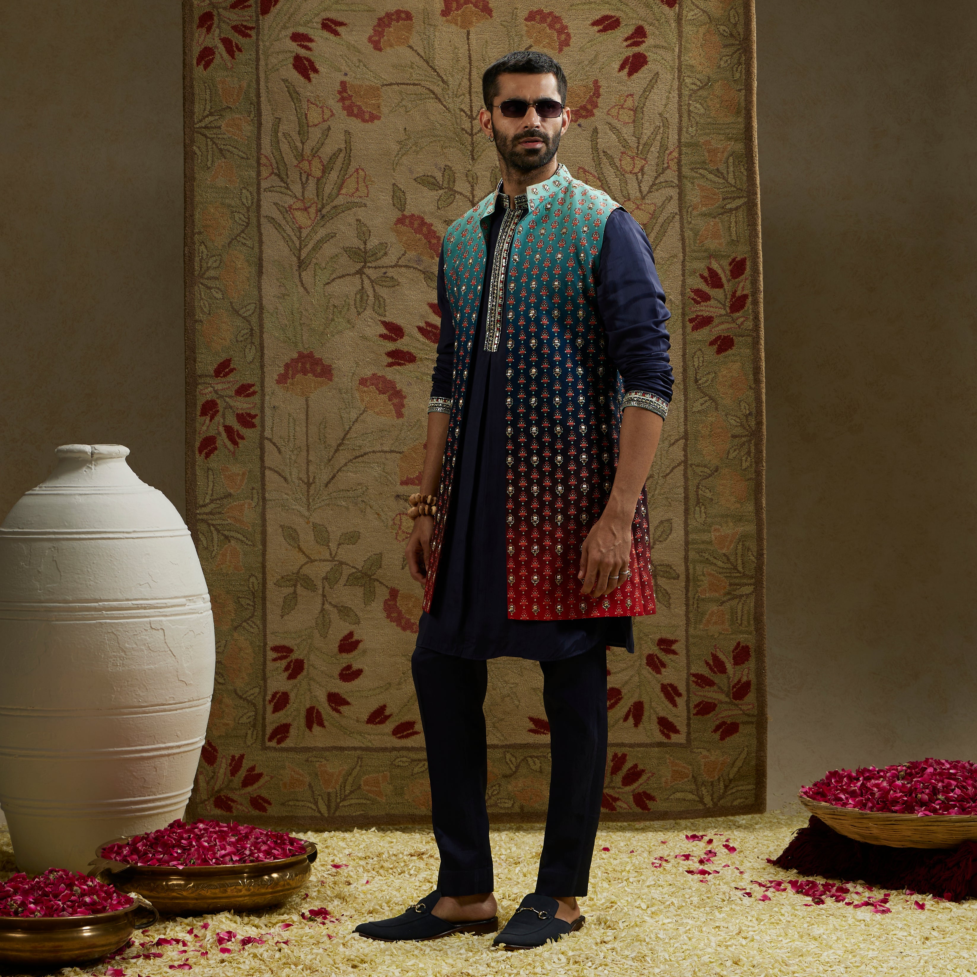 Blue Red Ombre Embroidered Long Bundi