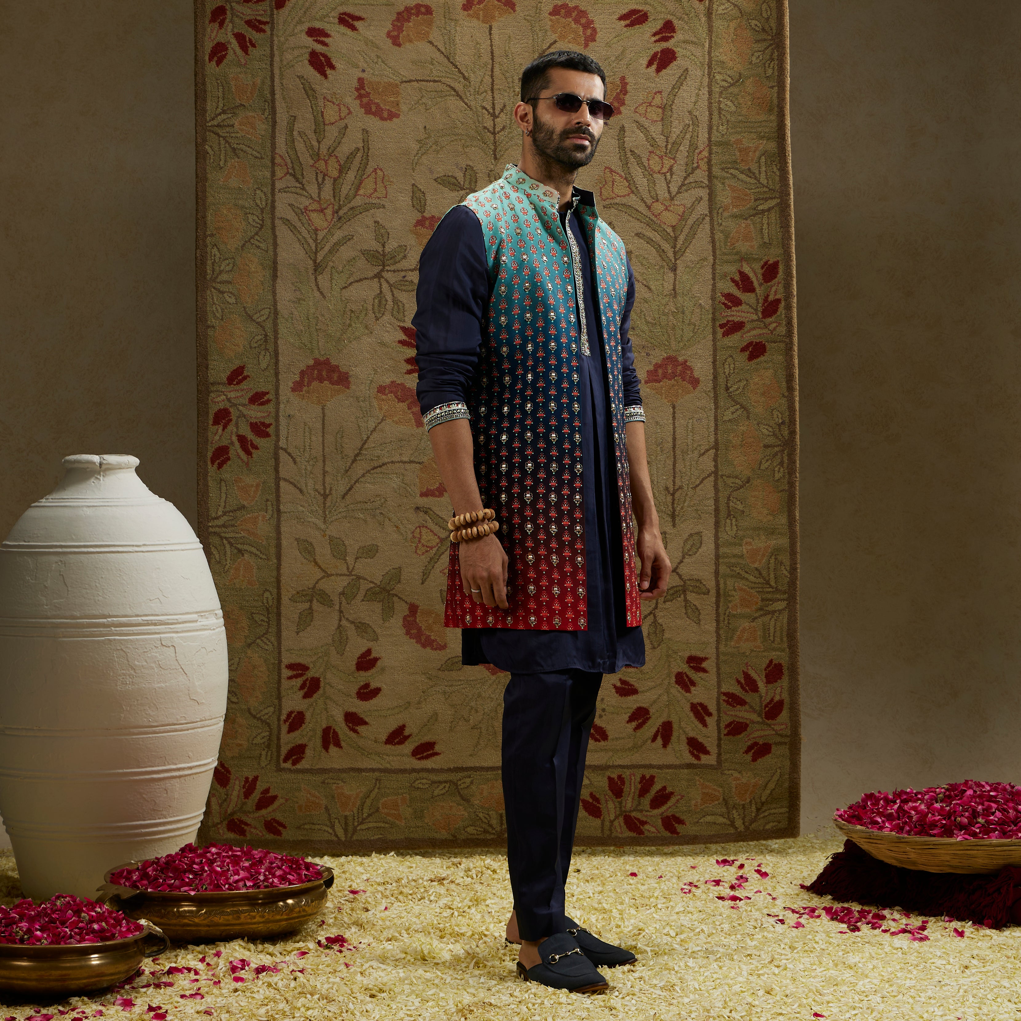 Blue Red Ombre Embroidered Long Bundi