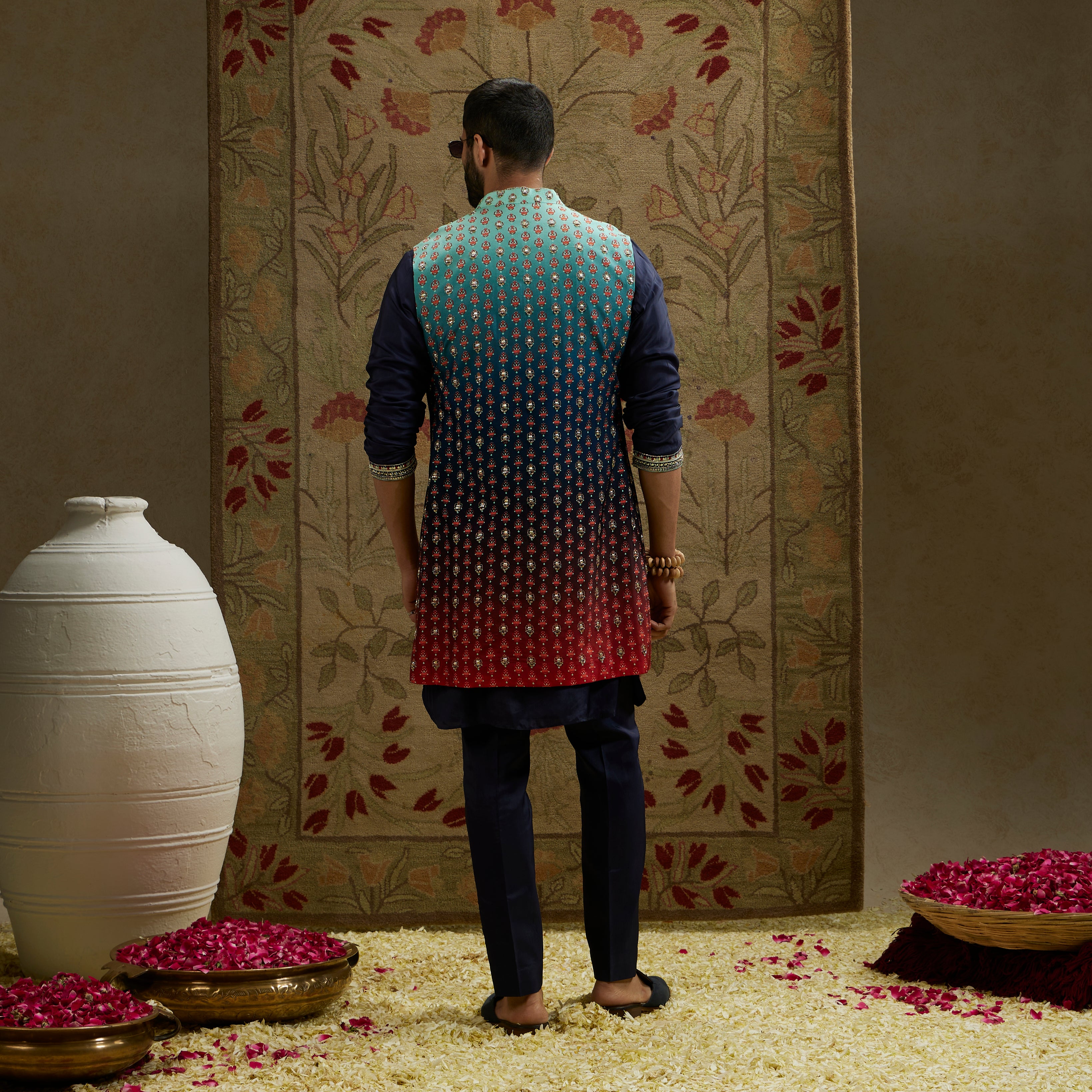 Blue Red Ombre Embroidered Long Bundi
