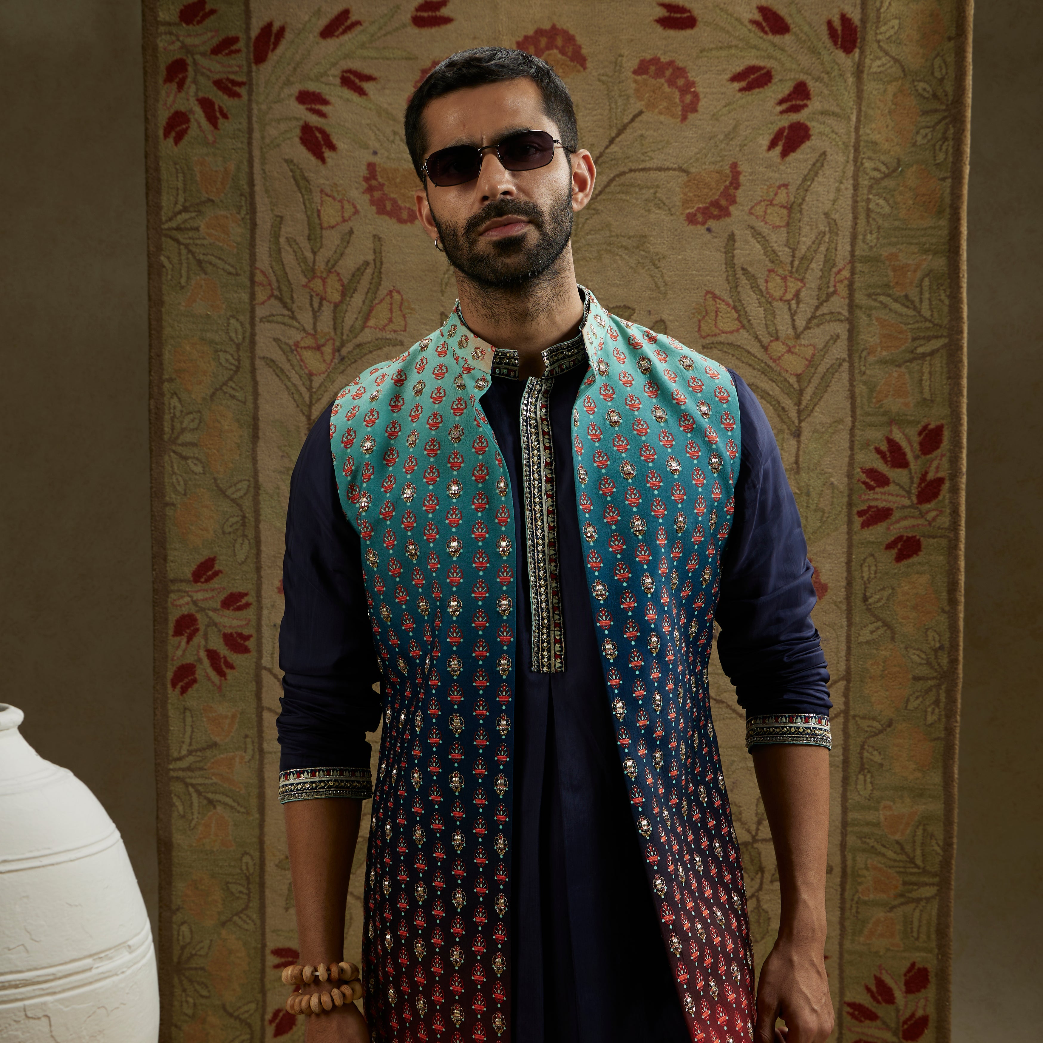 Blue Red Ombre Embroidered Long Bundi