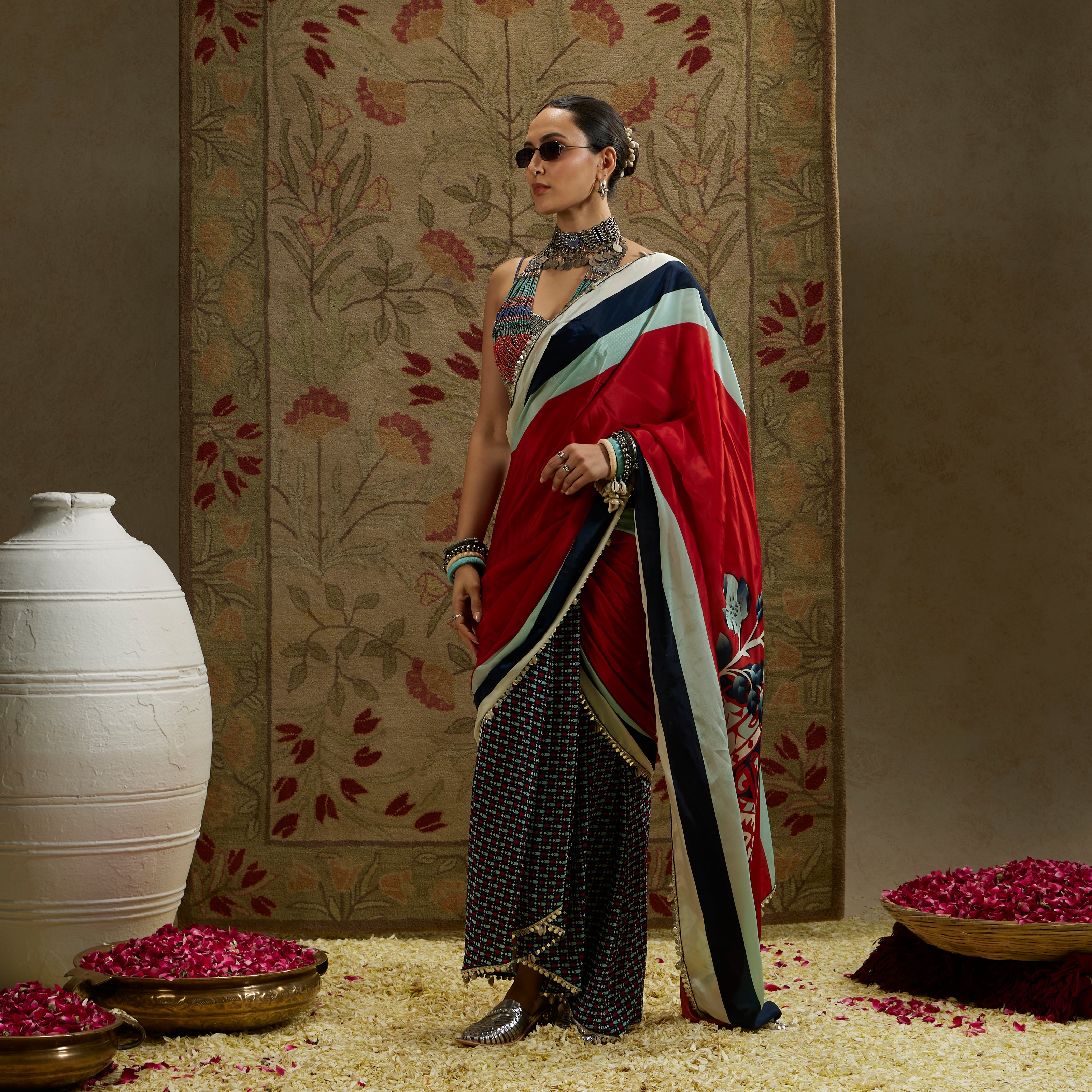 Red Mask Print Cascade Saree with Bustier