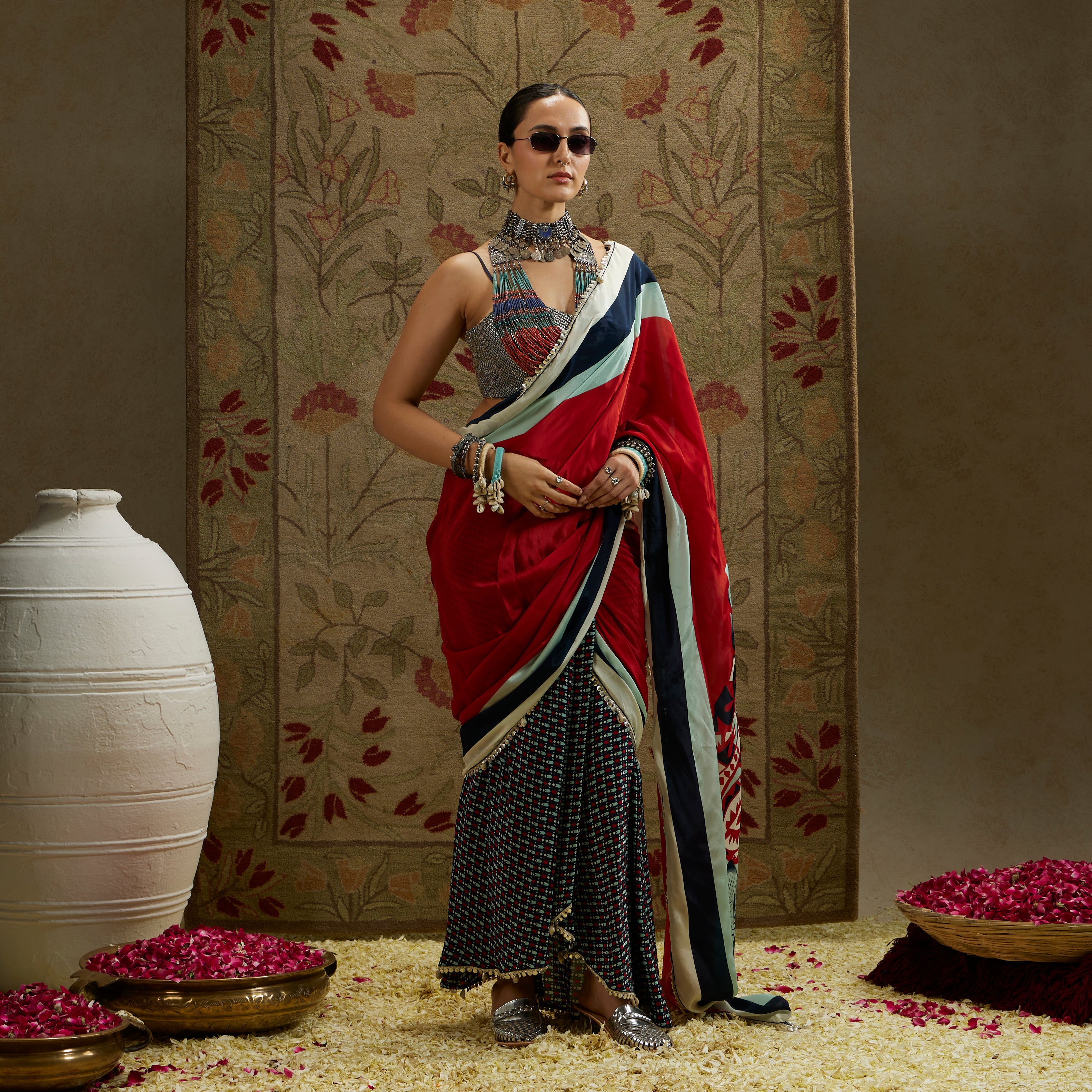 Red Mask Print Cascade Saree with Bustier