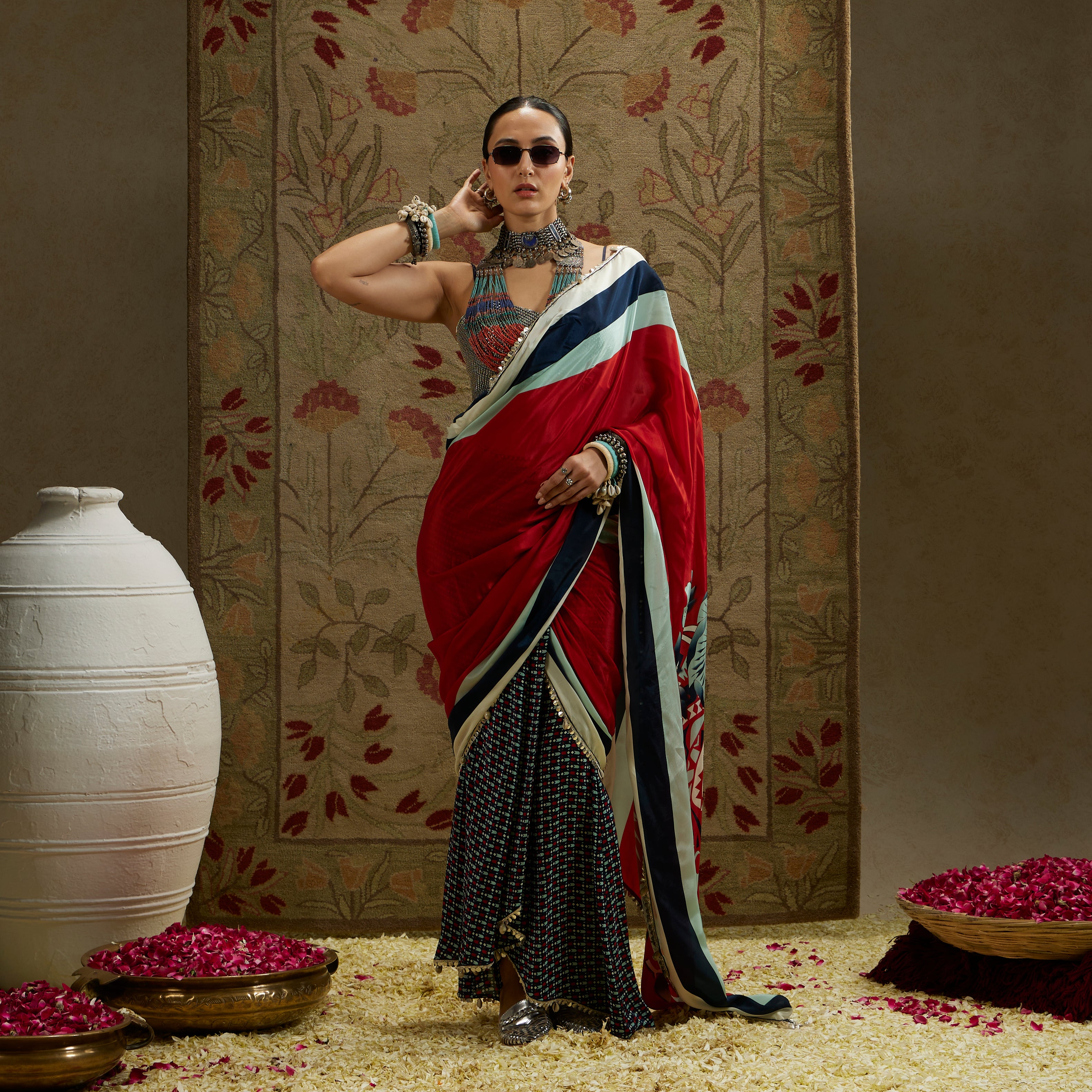 Red Mask Print Cascade Saree with Bustier