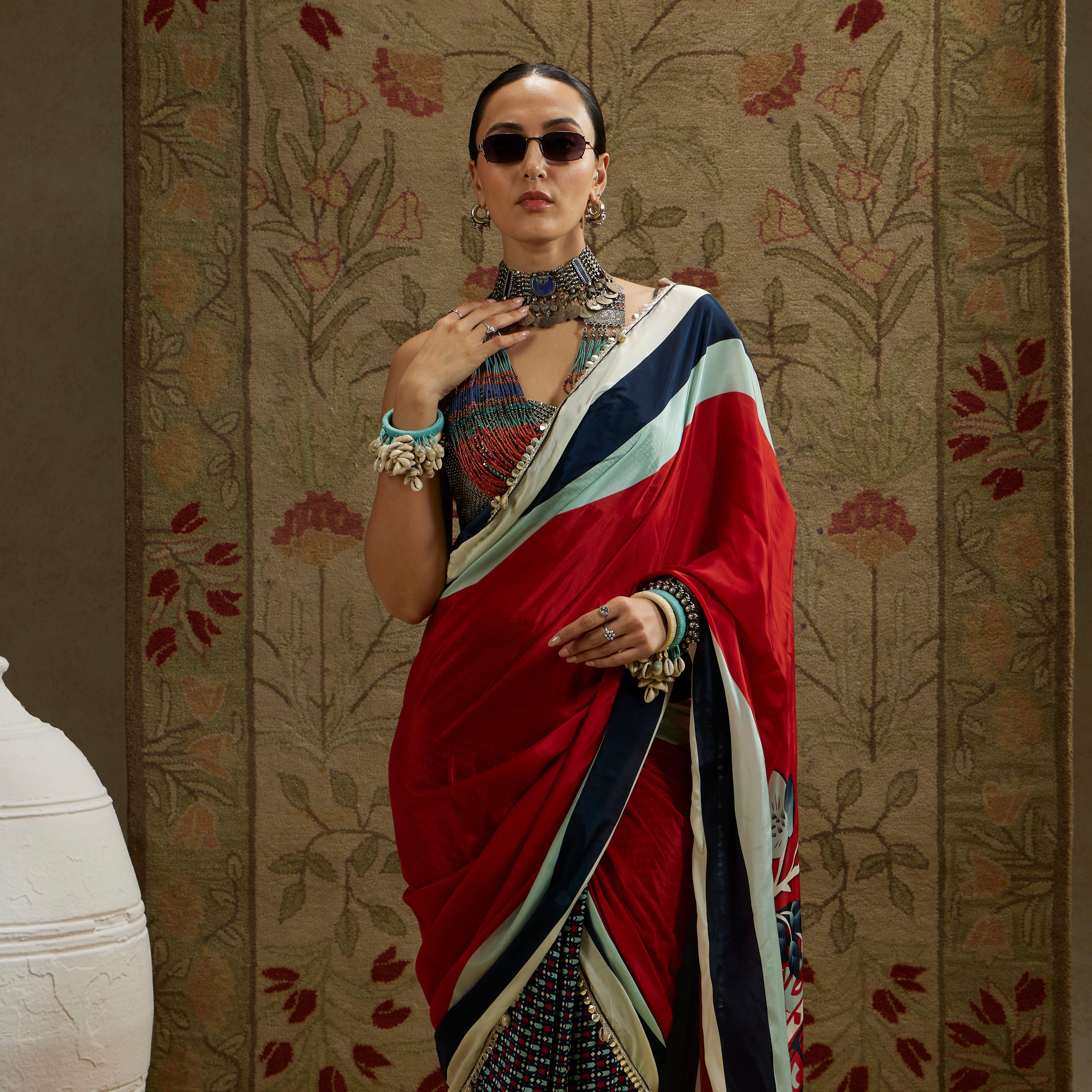 Red Mask Print Cascade Saree with Bustier