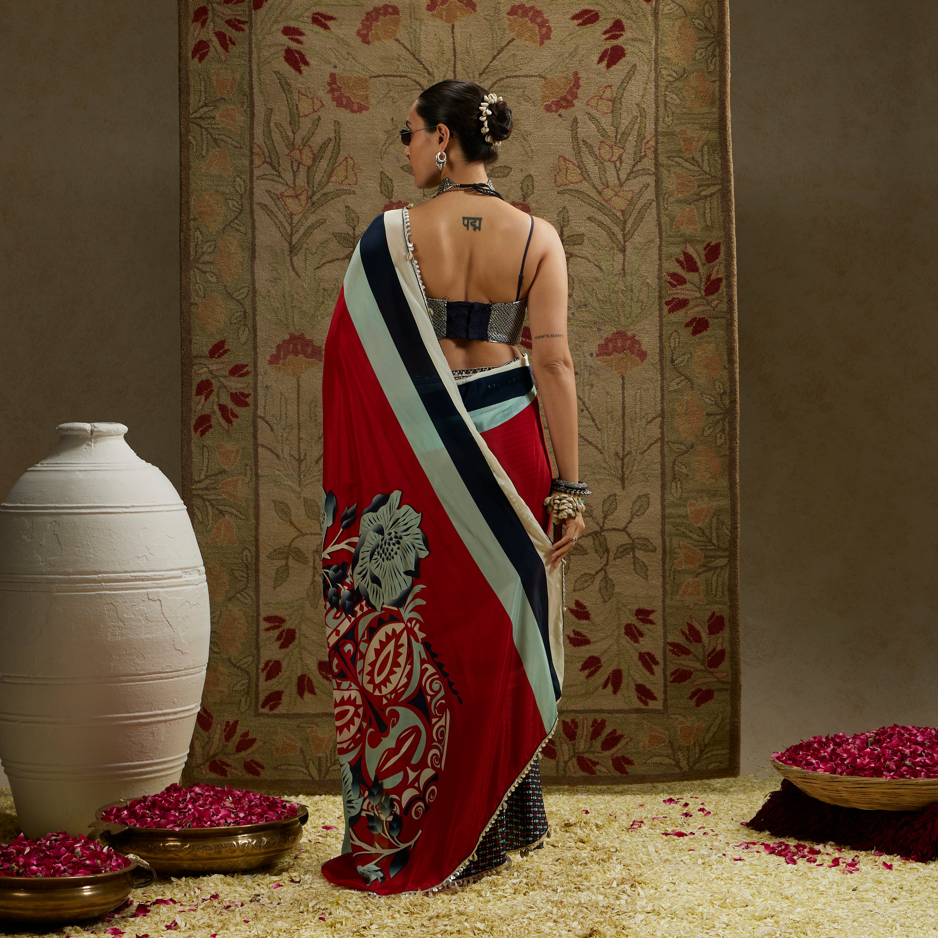 Red Mask Print Cascade Saree with Bustier