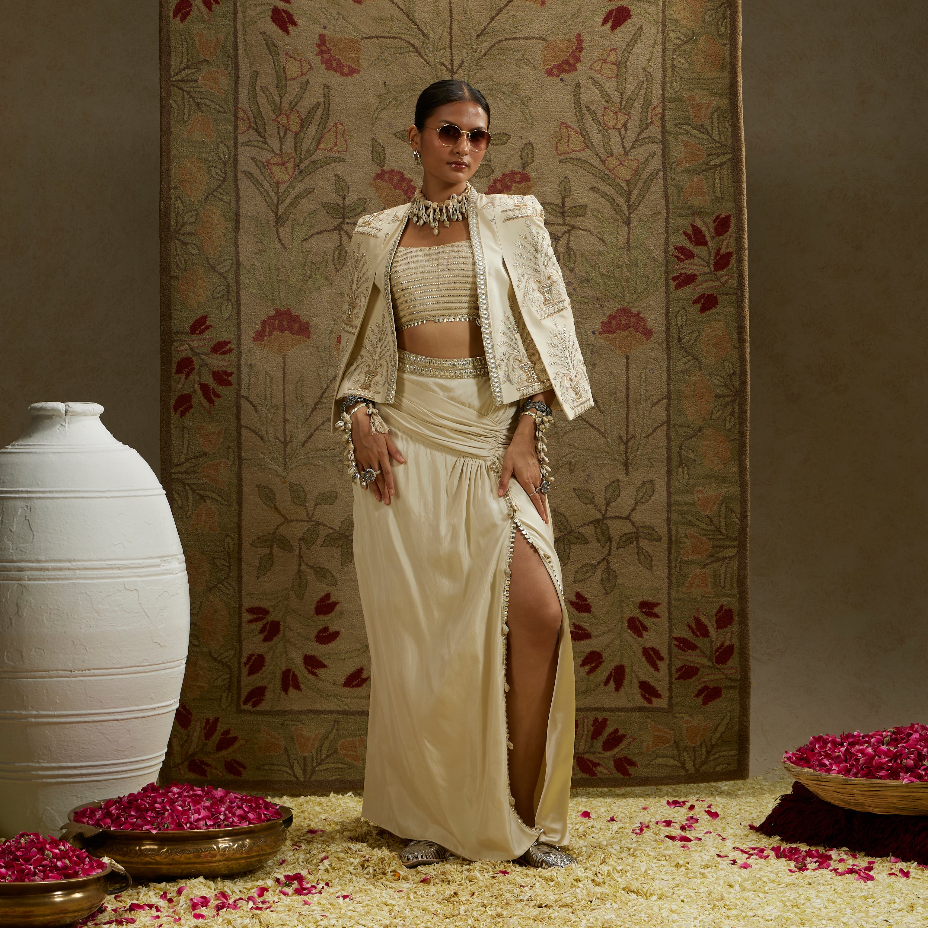 Magnolia Cream Embellished Butta Cape Jacket with Bustier and Slit Skirt