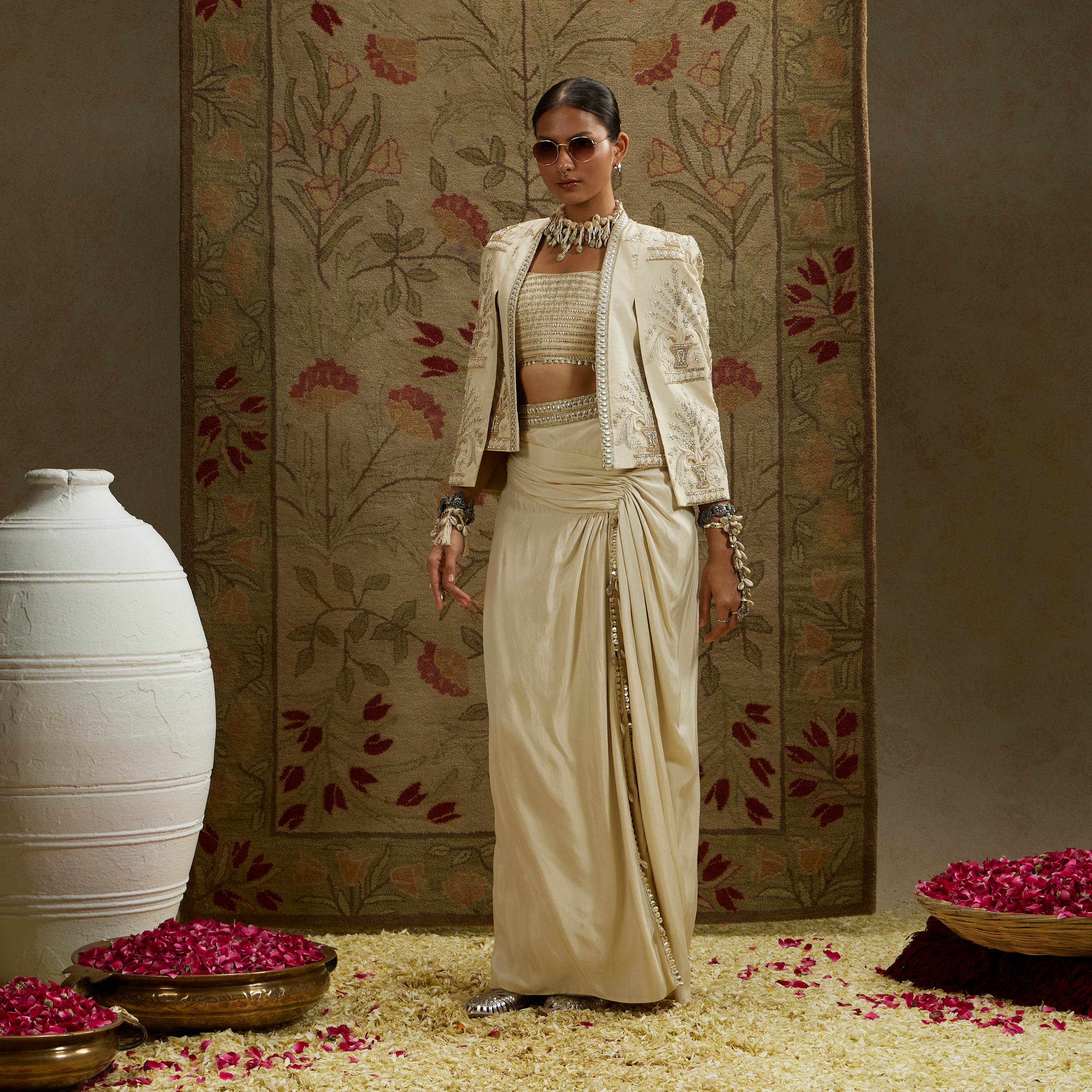 Magnolia Cream Embellished Butta Cape Jacket with Bustier and Slit Skirt