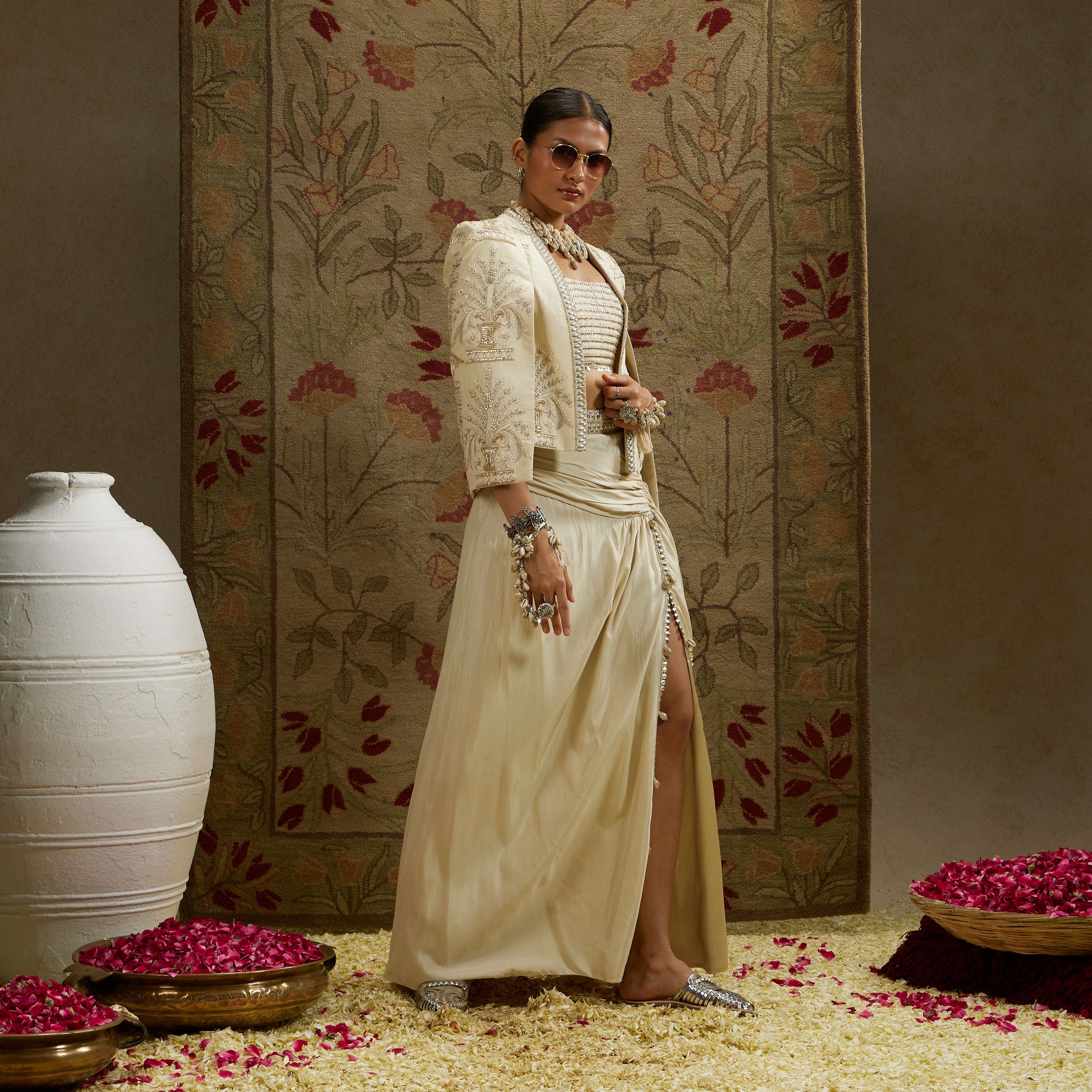 Magnolia Cream Embellished Butta Cape Jacket with Bustier and Slit Skirt