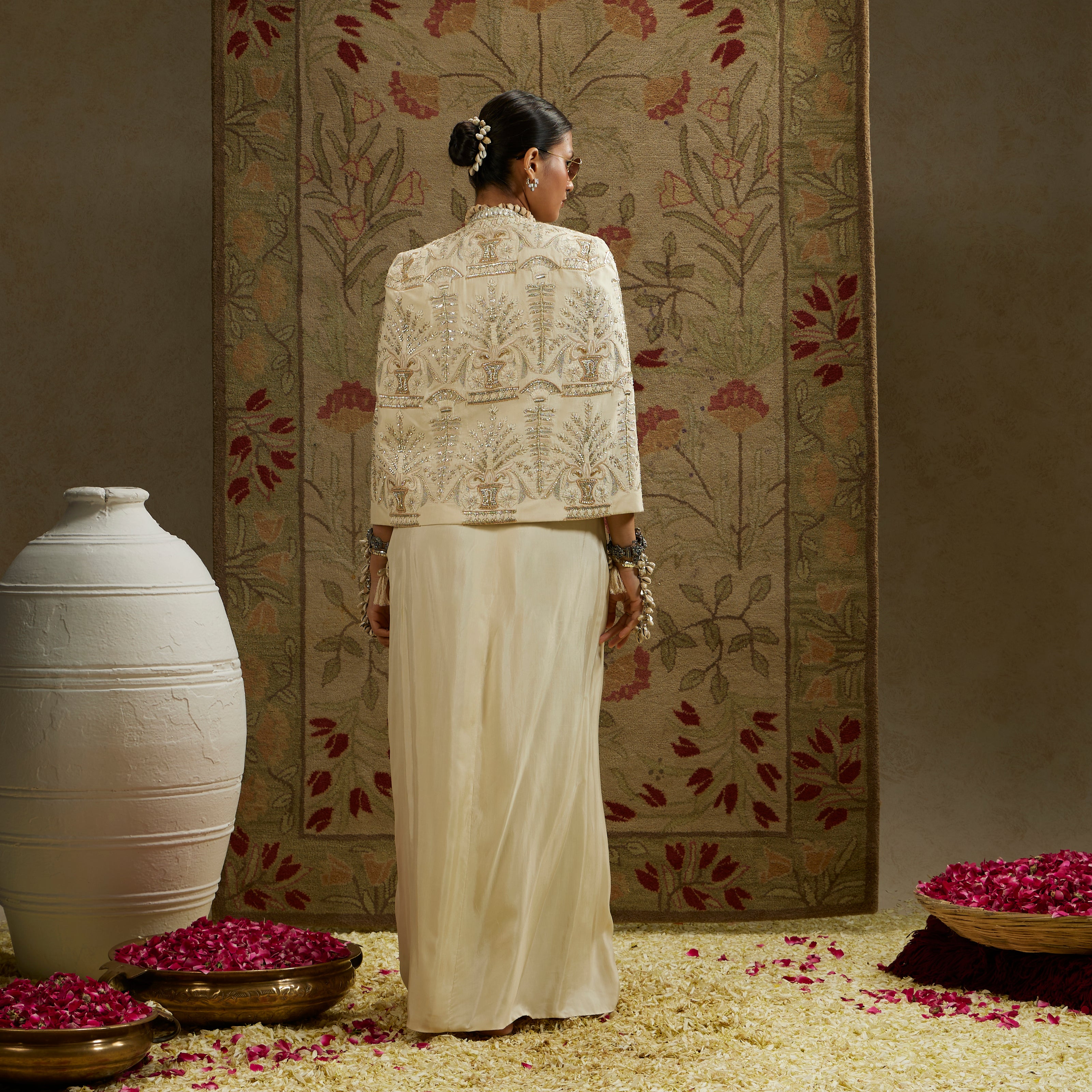 Magnolia Cream Embellished Butta Cape Jacket with Bustier and Slit Skirt