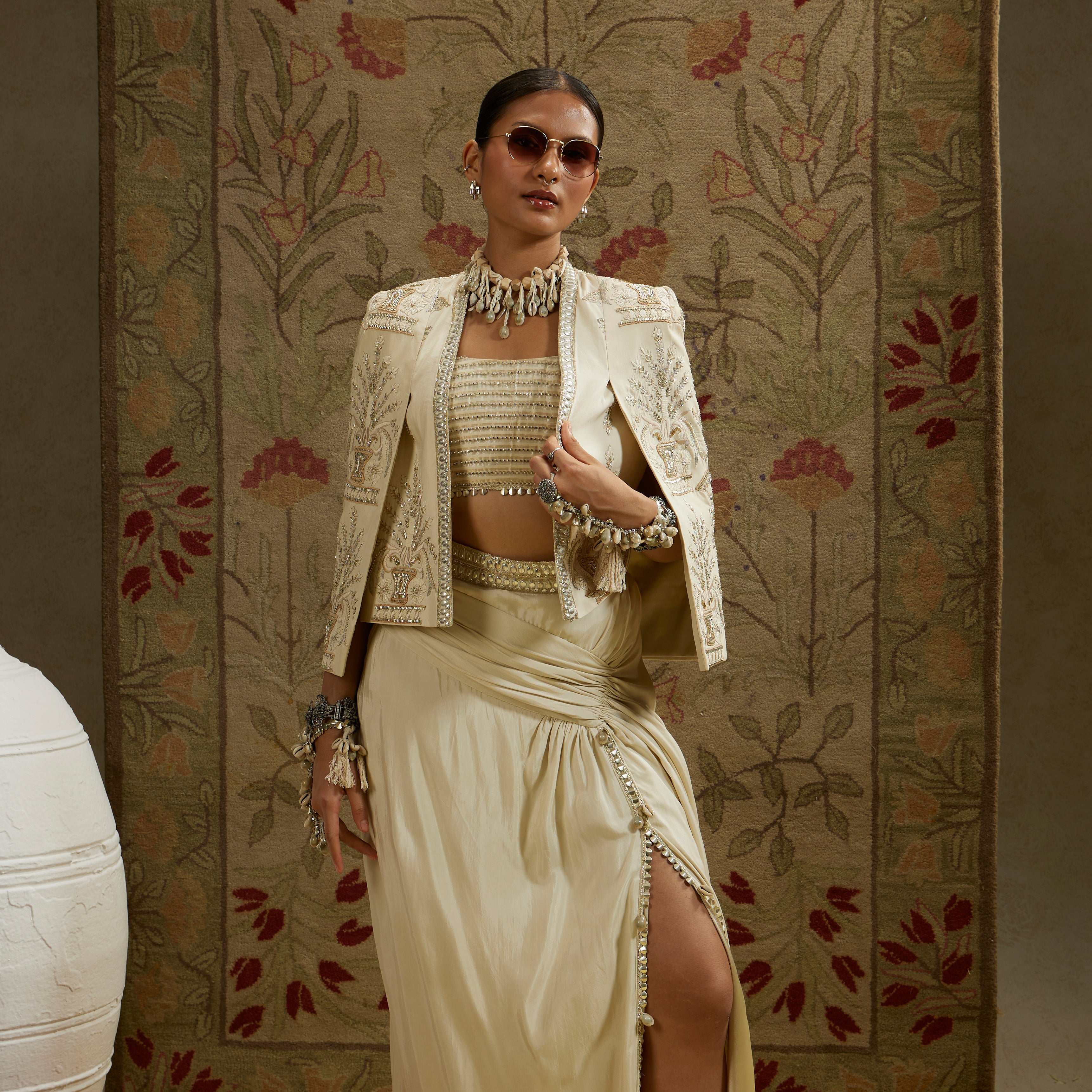 Magnolia Cream Embellished Butta Cape Jacket with Bustier and Slit Skirt