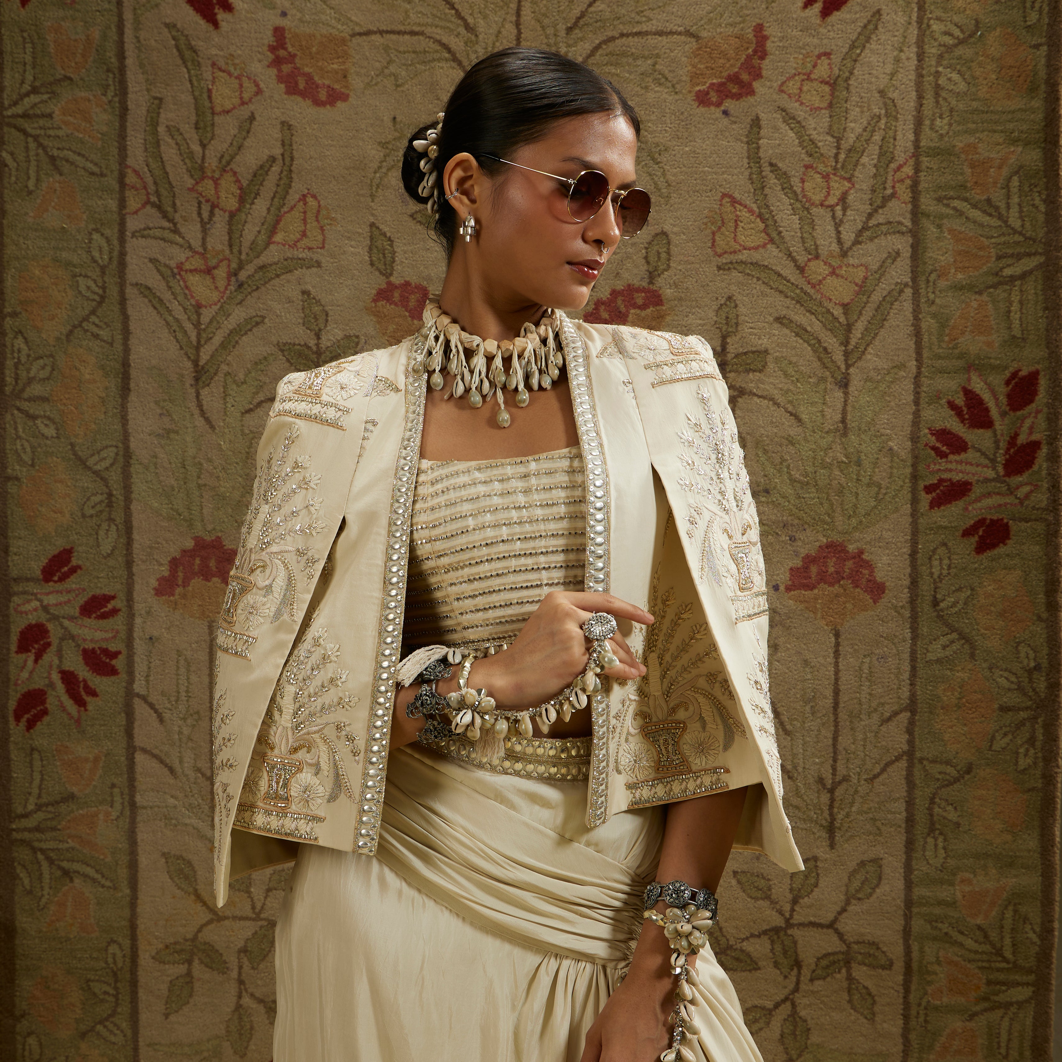Magnolia Cream Embellished Butta Cape Jacket with Bustier and Slit Skirt