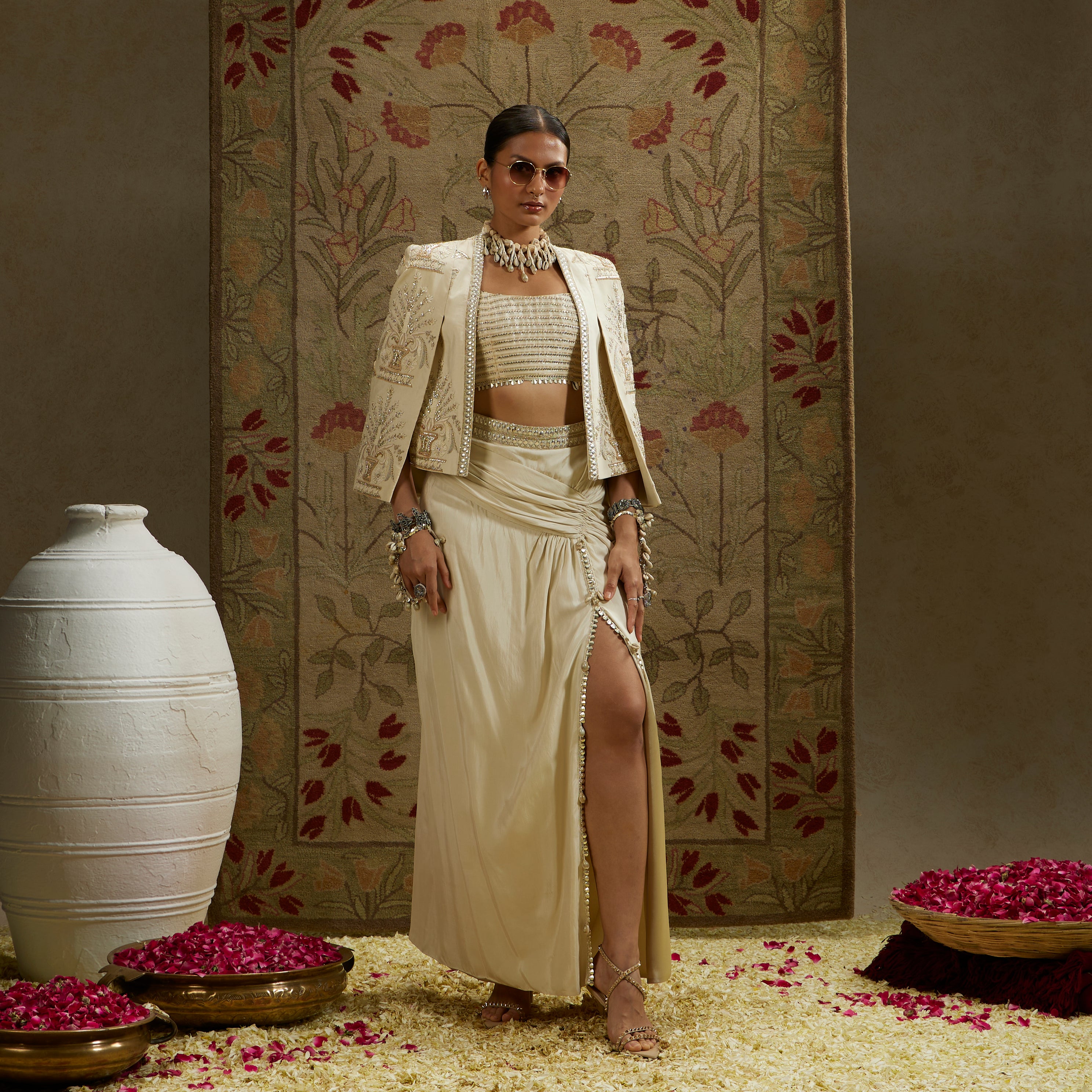 Magnolia Cream Embellished Butta Cape Jacket with Bustier and Slit Skirt