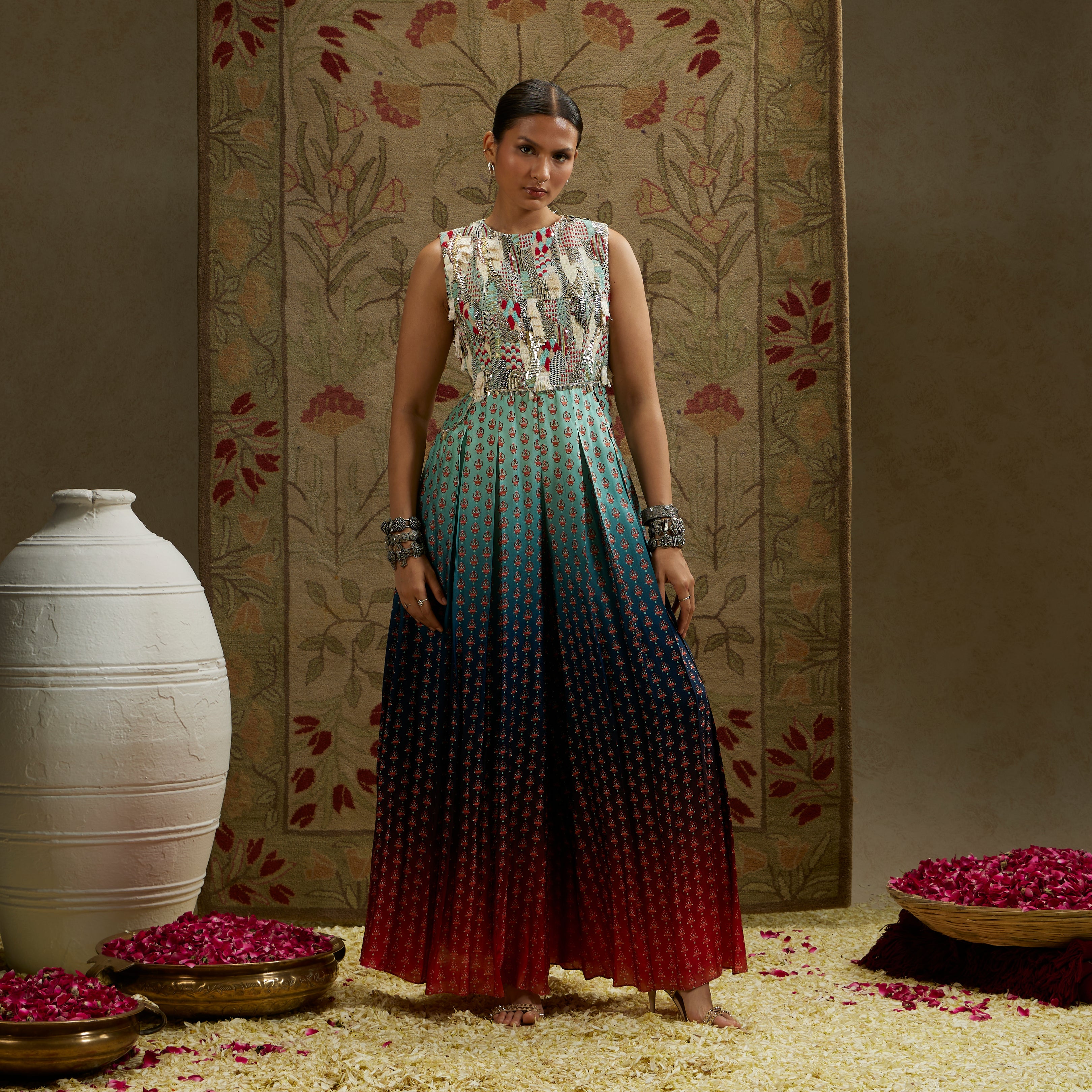 Blue Red Ombre Print Embellished Jumpsuit