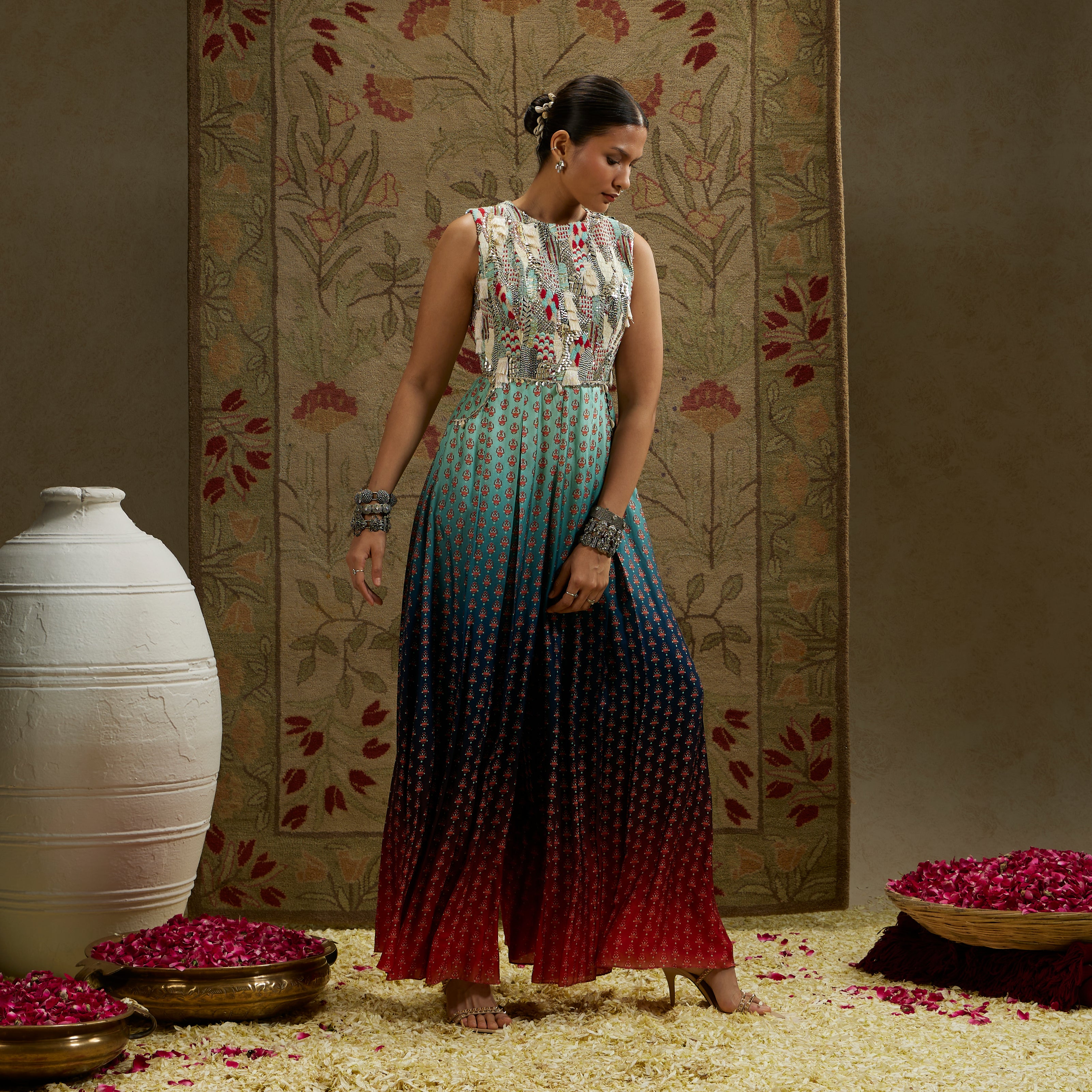 Blue Red Ombre Print Embellished Jumpsuit