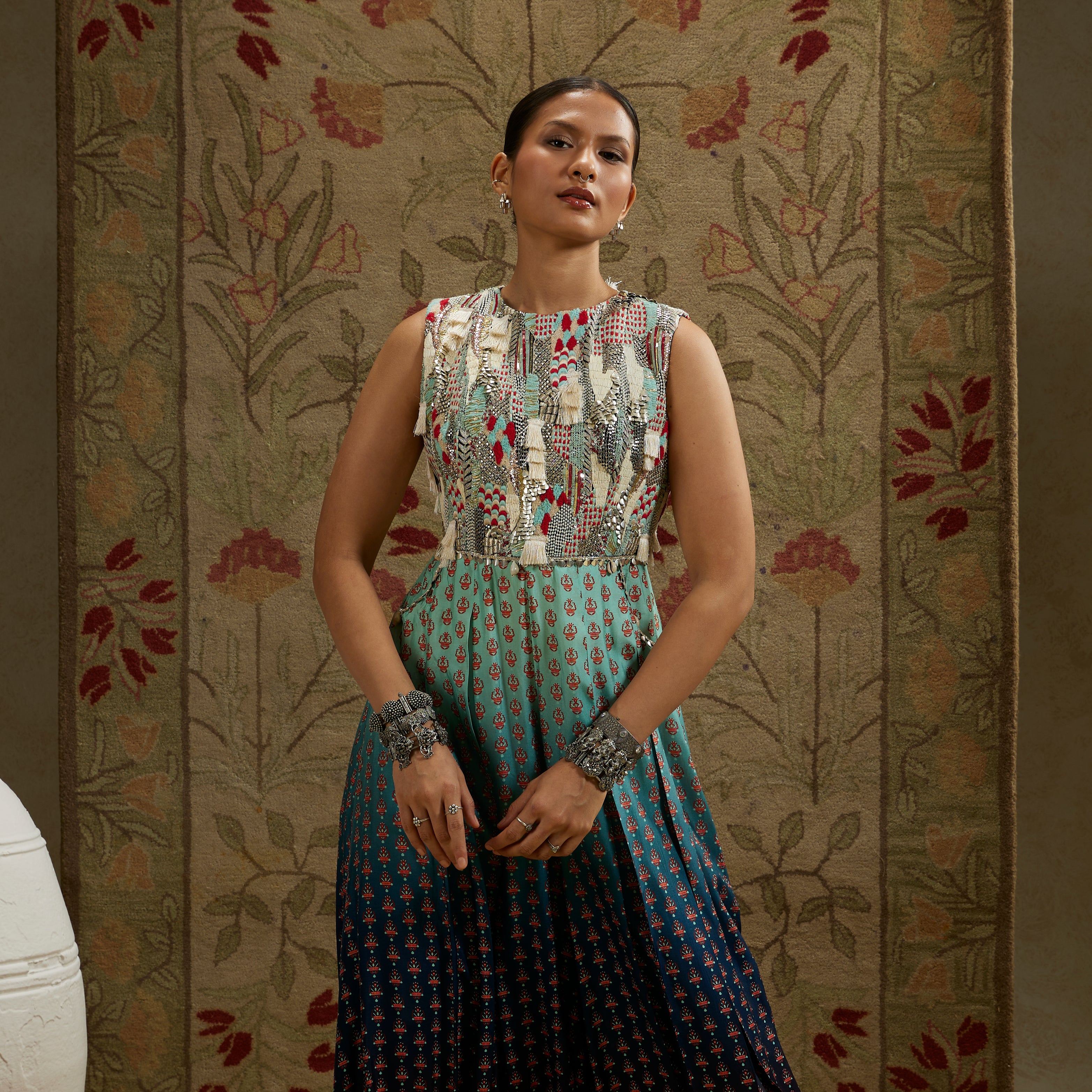 Blue Red Ombre Print Embellished Jumpsuit