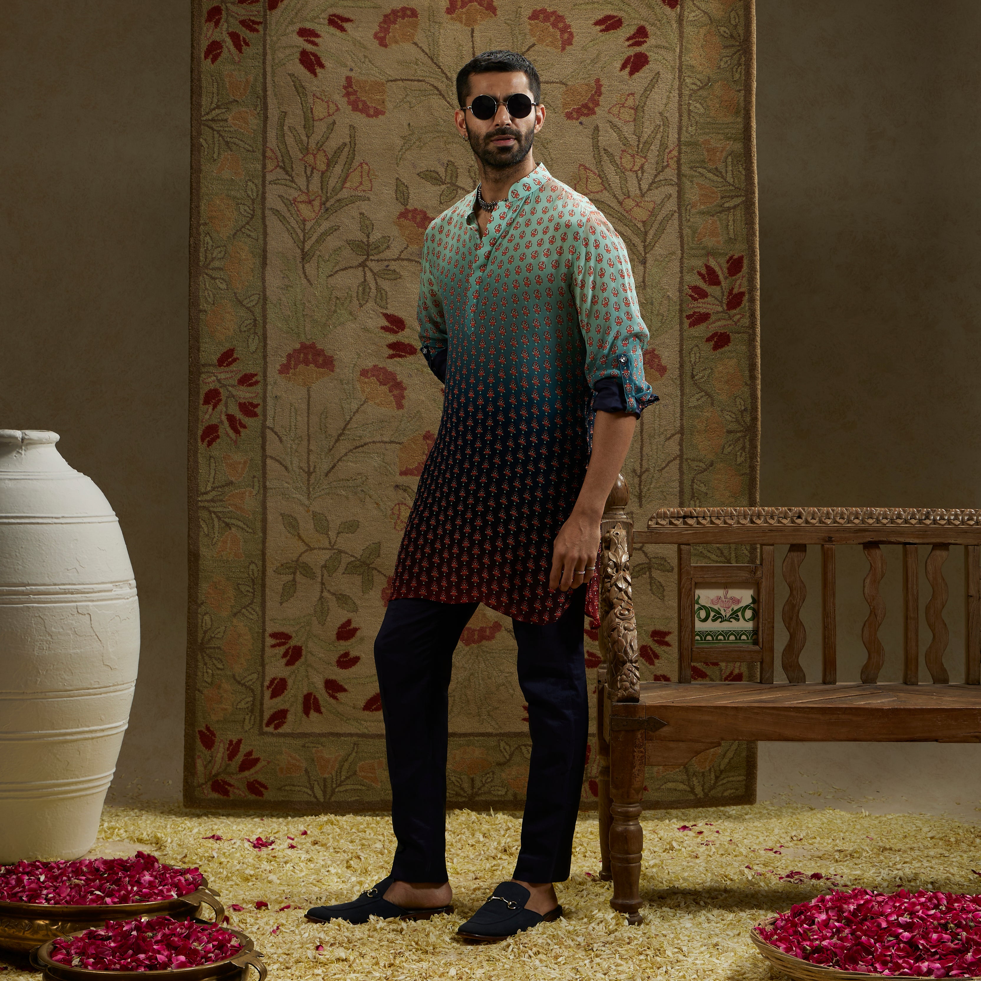 Blue Red Ombre Print Rolled-Up Sleeves