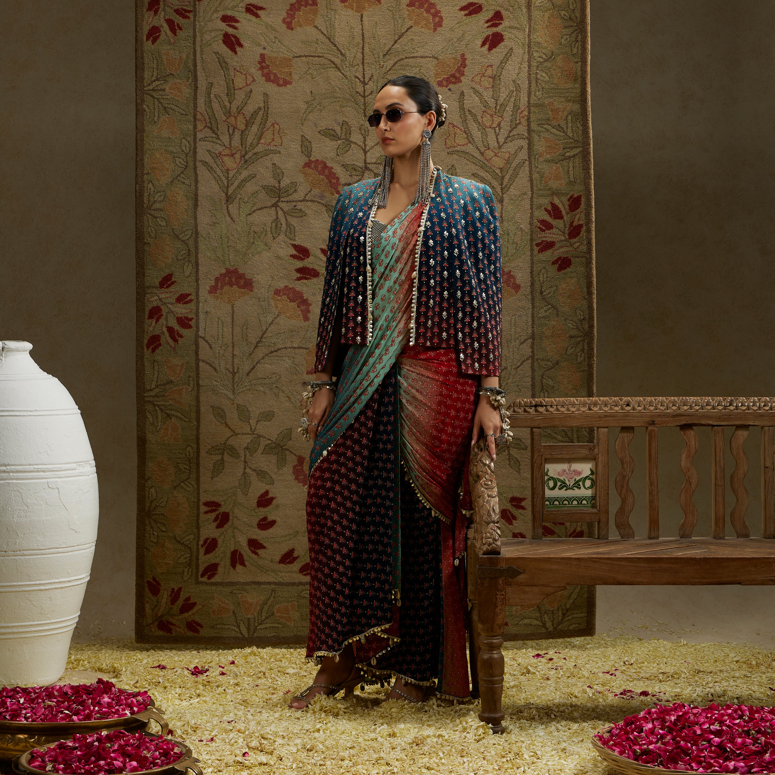 Red Blue Ombre Print Cascade Saree with Bustier and Ombre Cape Jacket