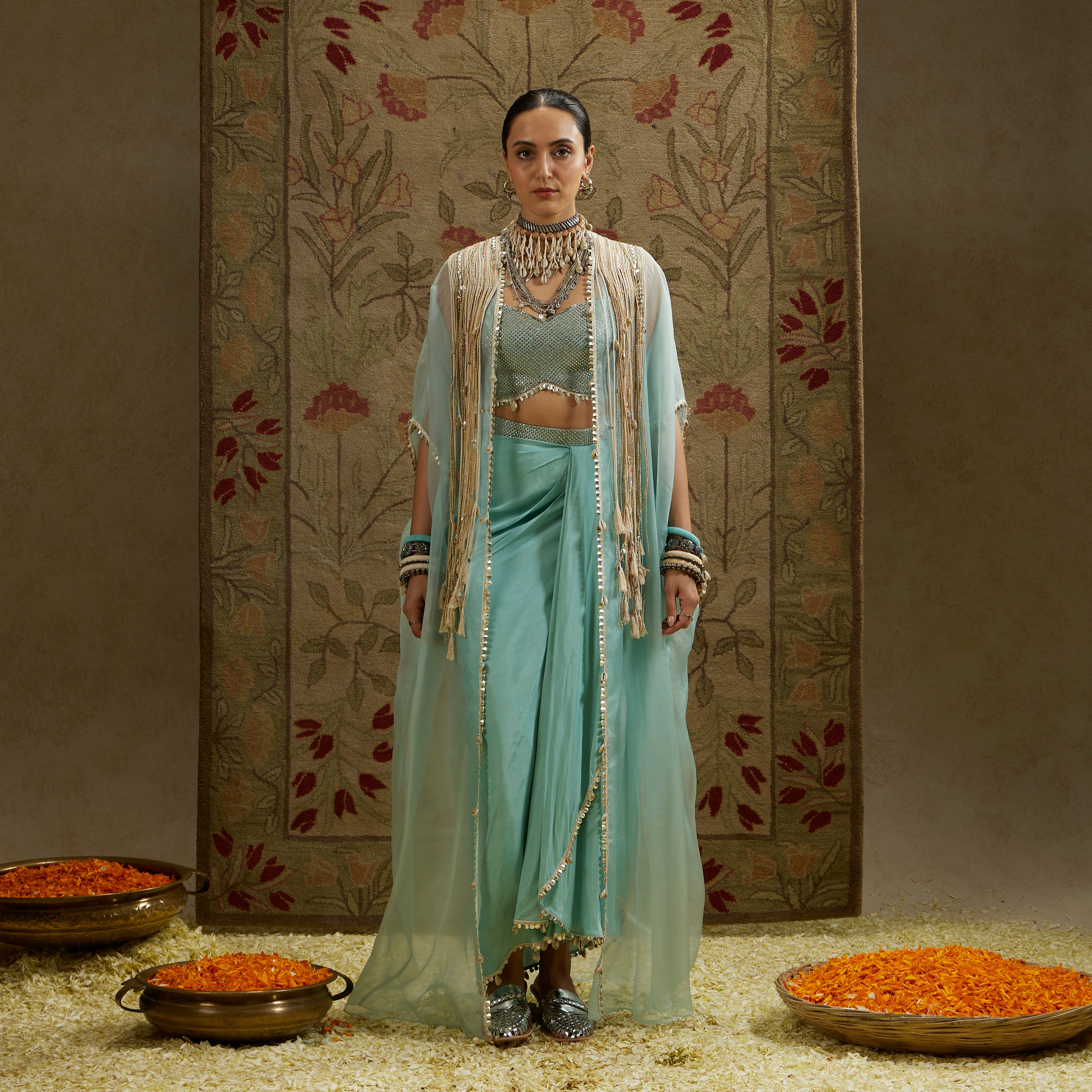 Teal Blue Thread Tassel Cape with Bustier and Drape Skirt