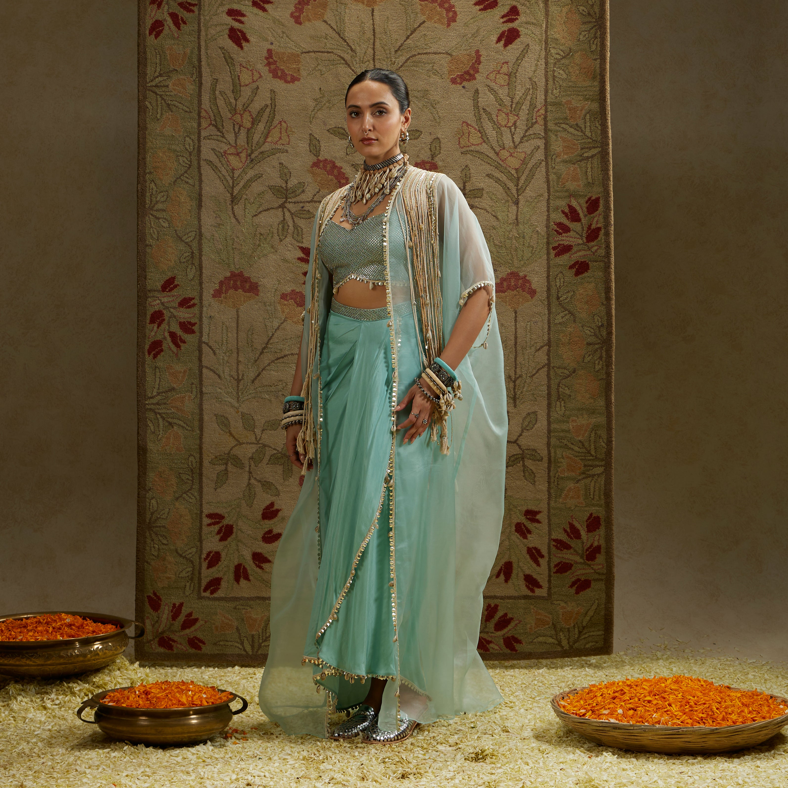 Teal Blue Thread Tassel Cape with Bustier and Drape Skirt