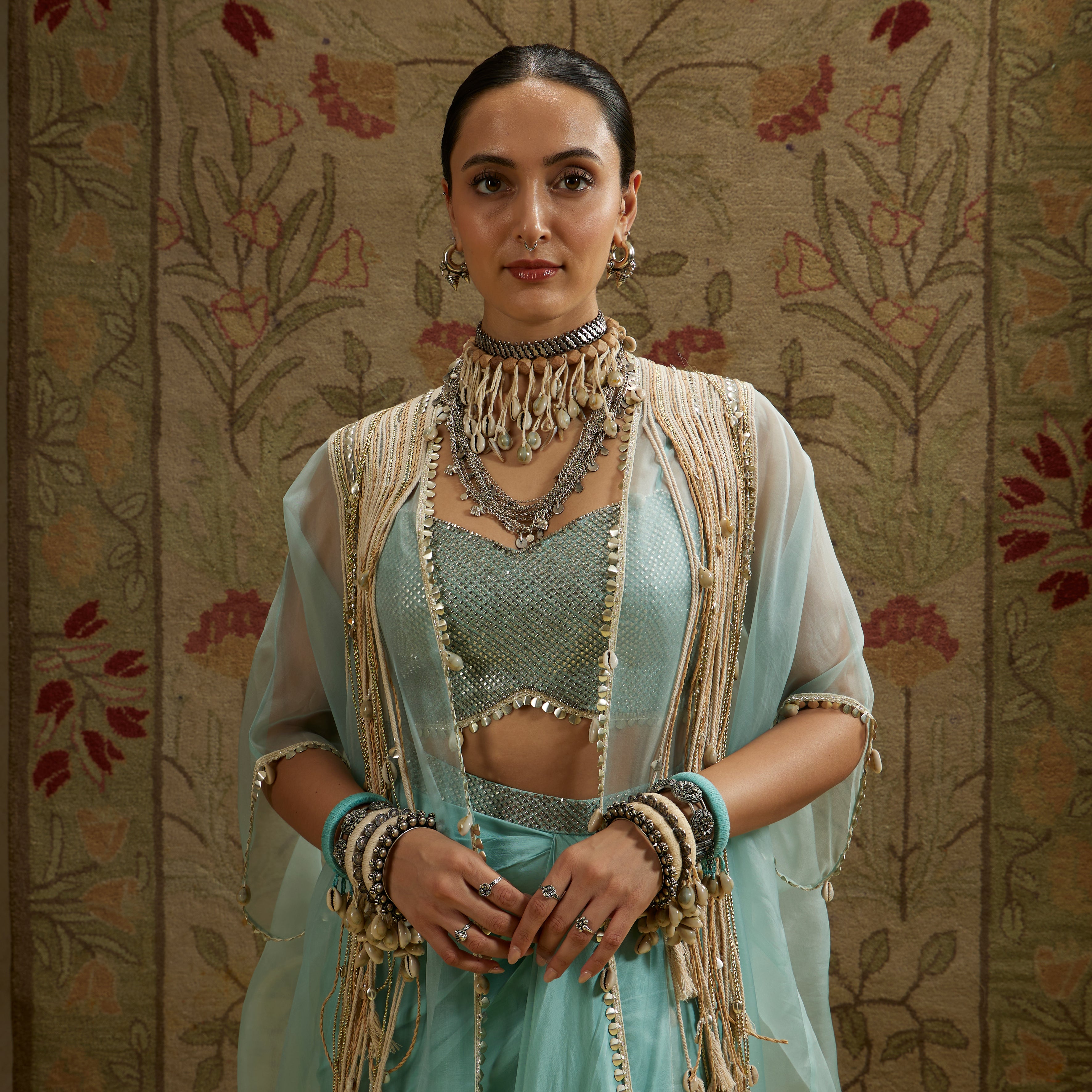 Teal Blue Thread Tassel Cape with Bustier and Drape Skirt