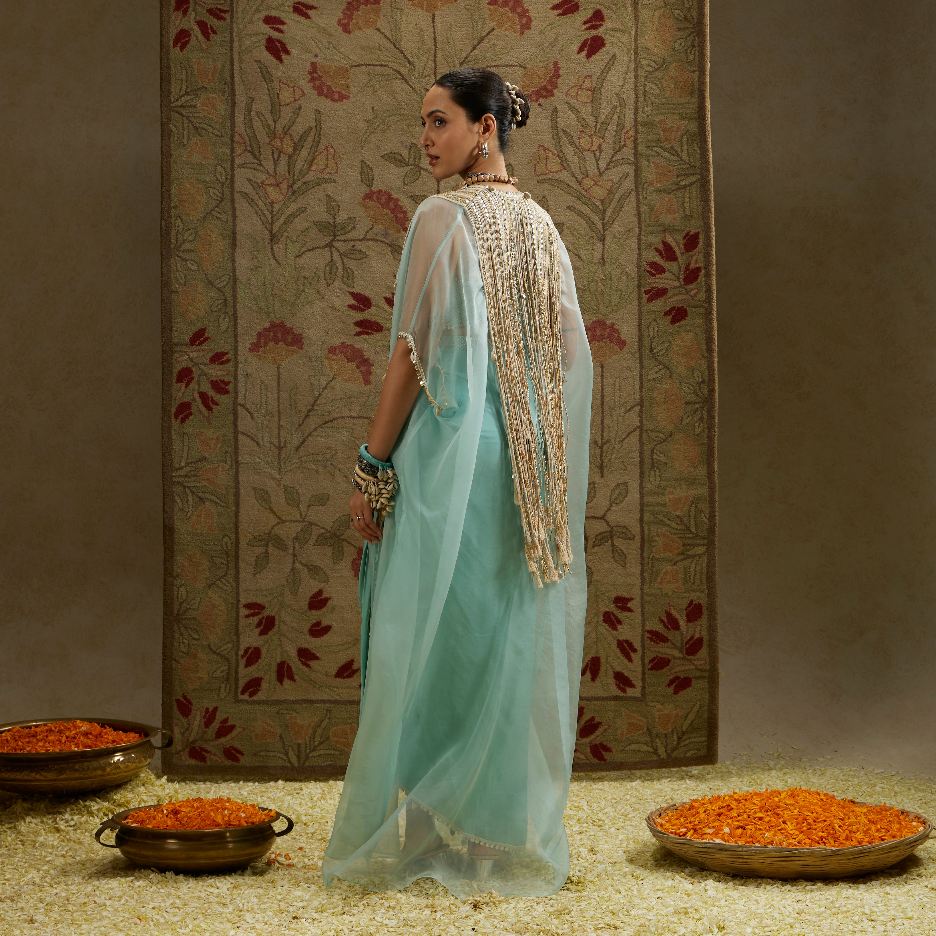 Teal Blue Thread Tassel Cape with Bustier and Drape Skirt